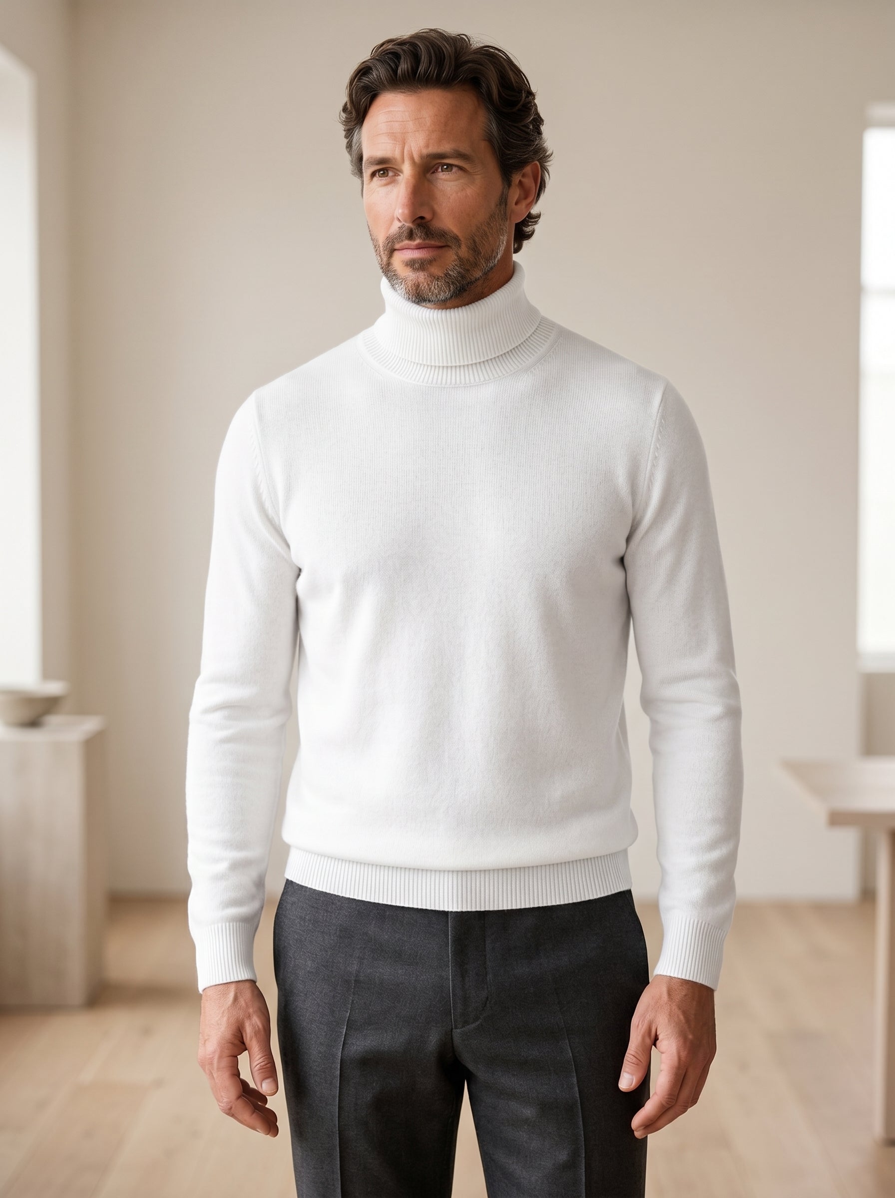 Charcoal Turtleneck Cashmere Sweater — White