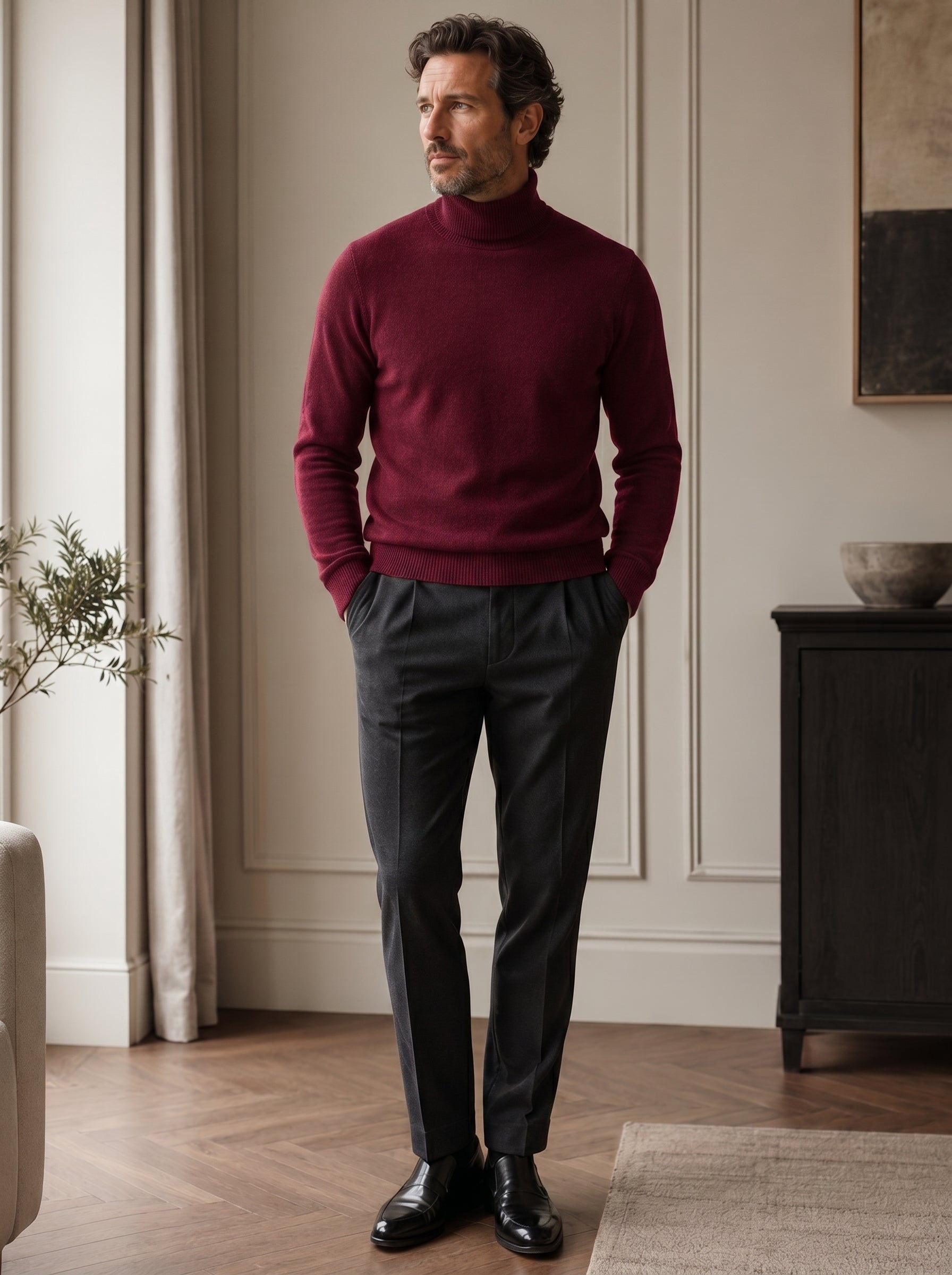Charcoal Turtleneck Cashmere Sweater — Wine red
