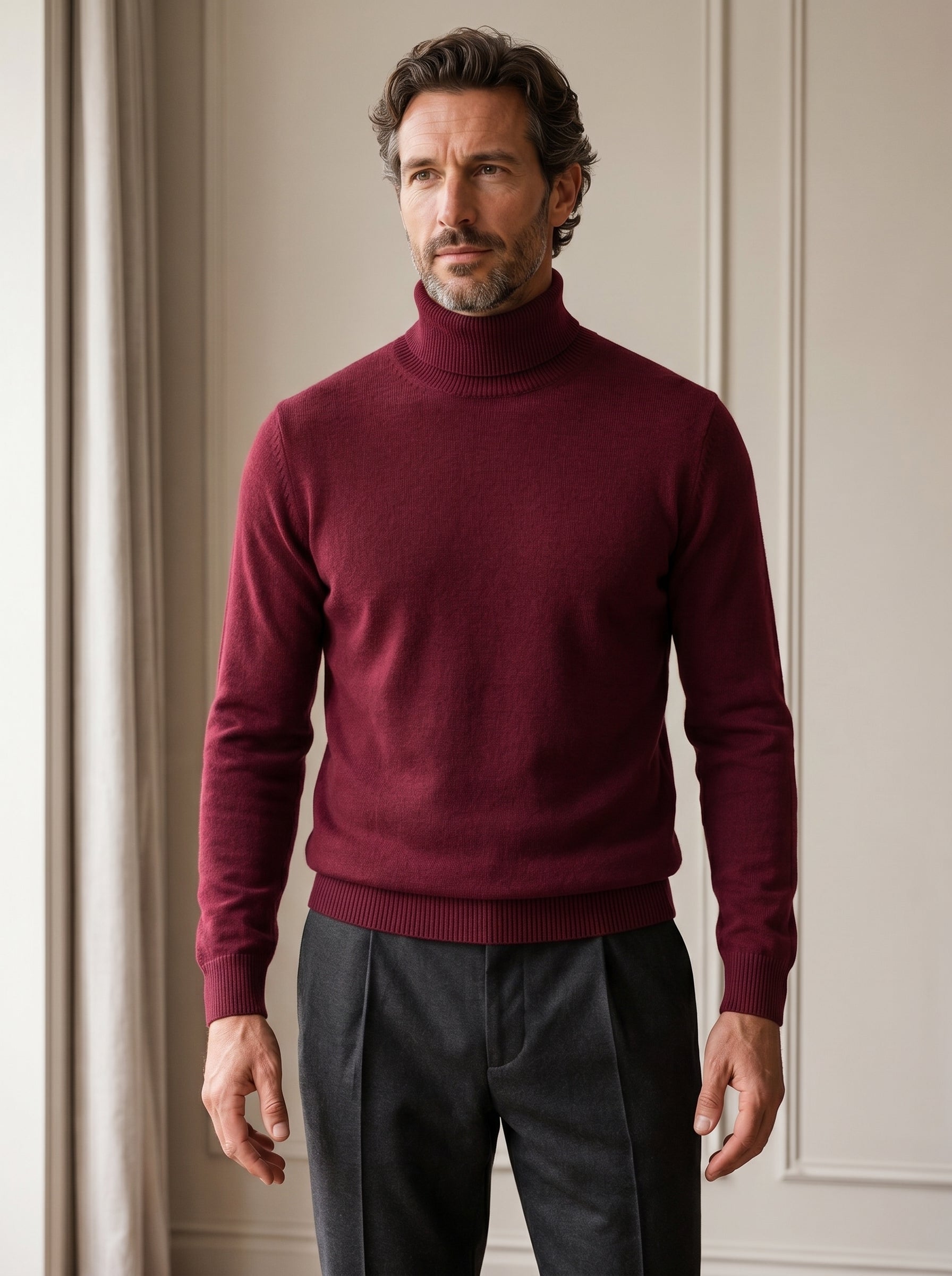 Charcoal Turtleneck Cashmere Sweater — Wine red