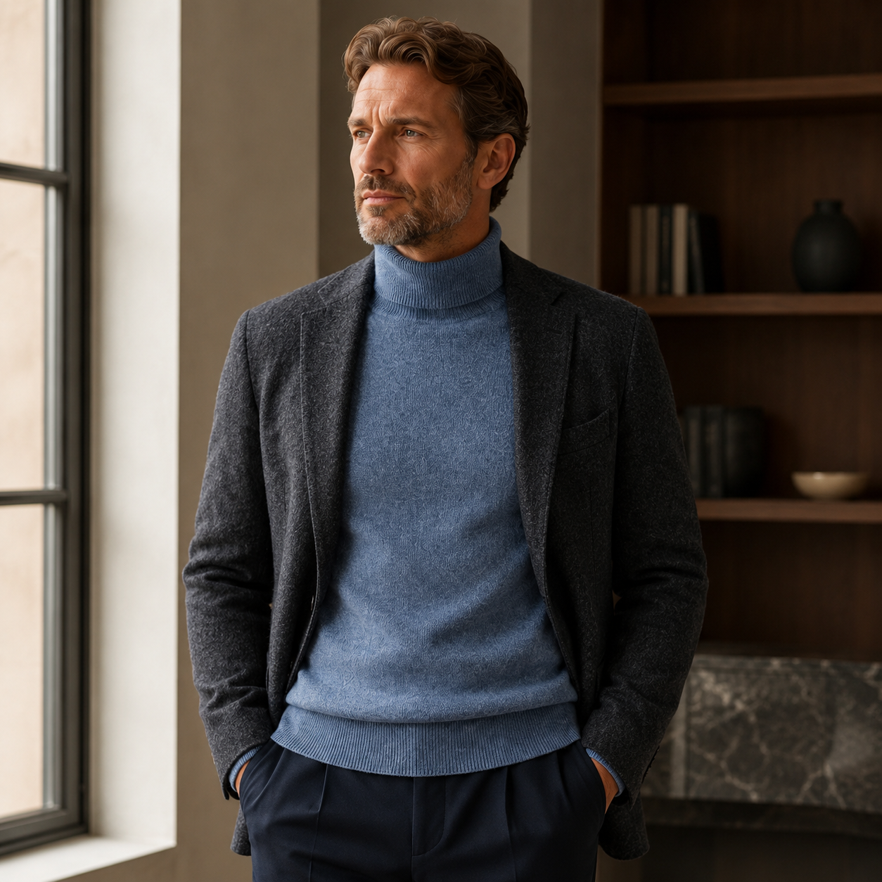Charcoal Crew Neck Cashmere Sweater — Blue