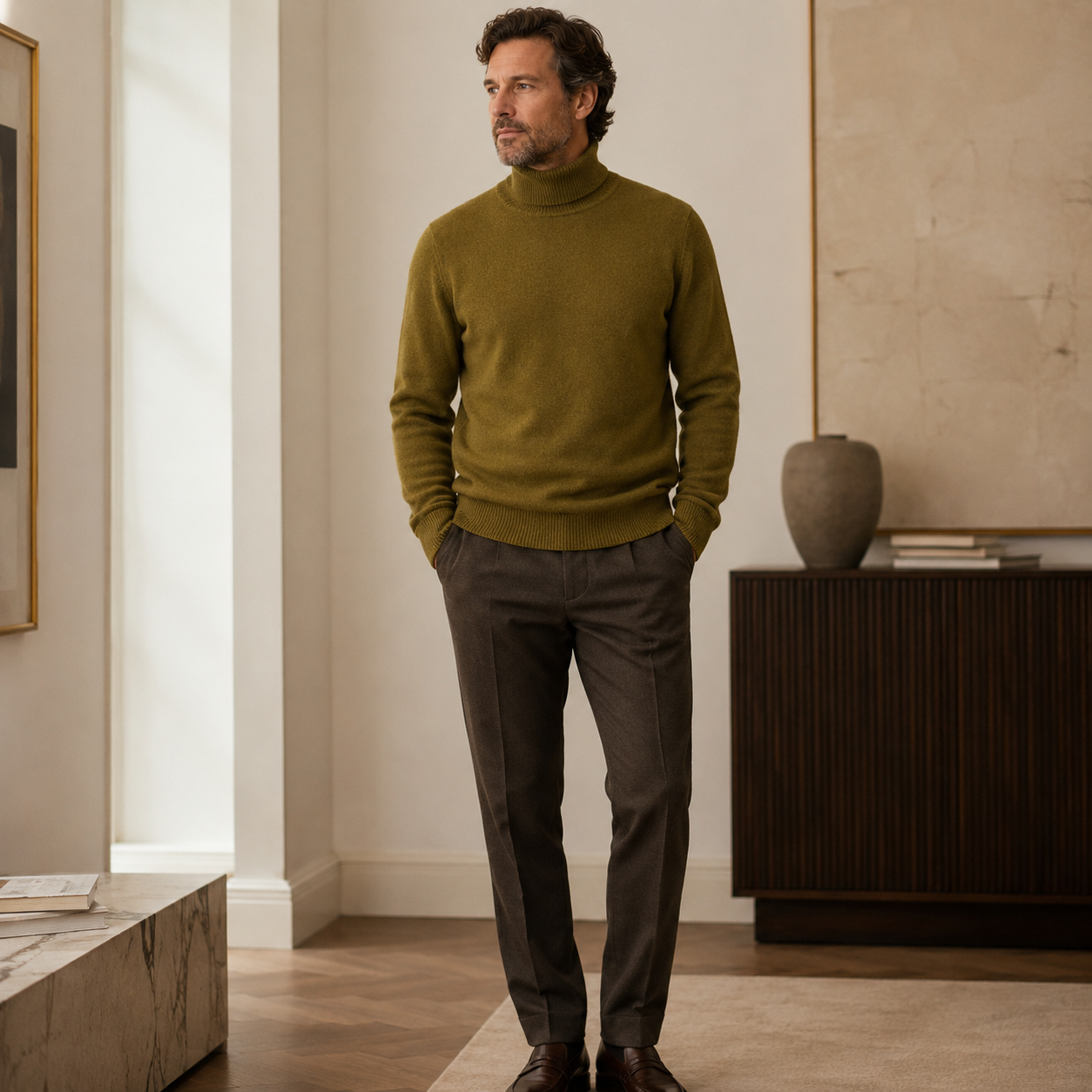 Charcoal Crew Neck Cashmere Sweater — Brown
