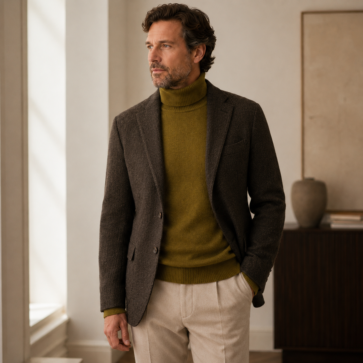 Charcoal Crew Neck Cashmere Sweater — Brown