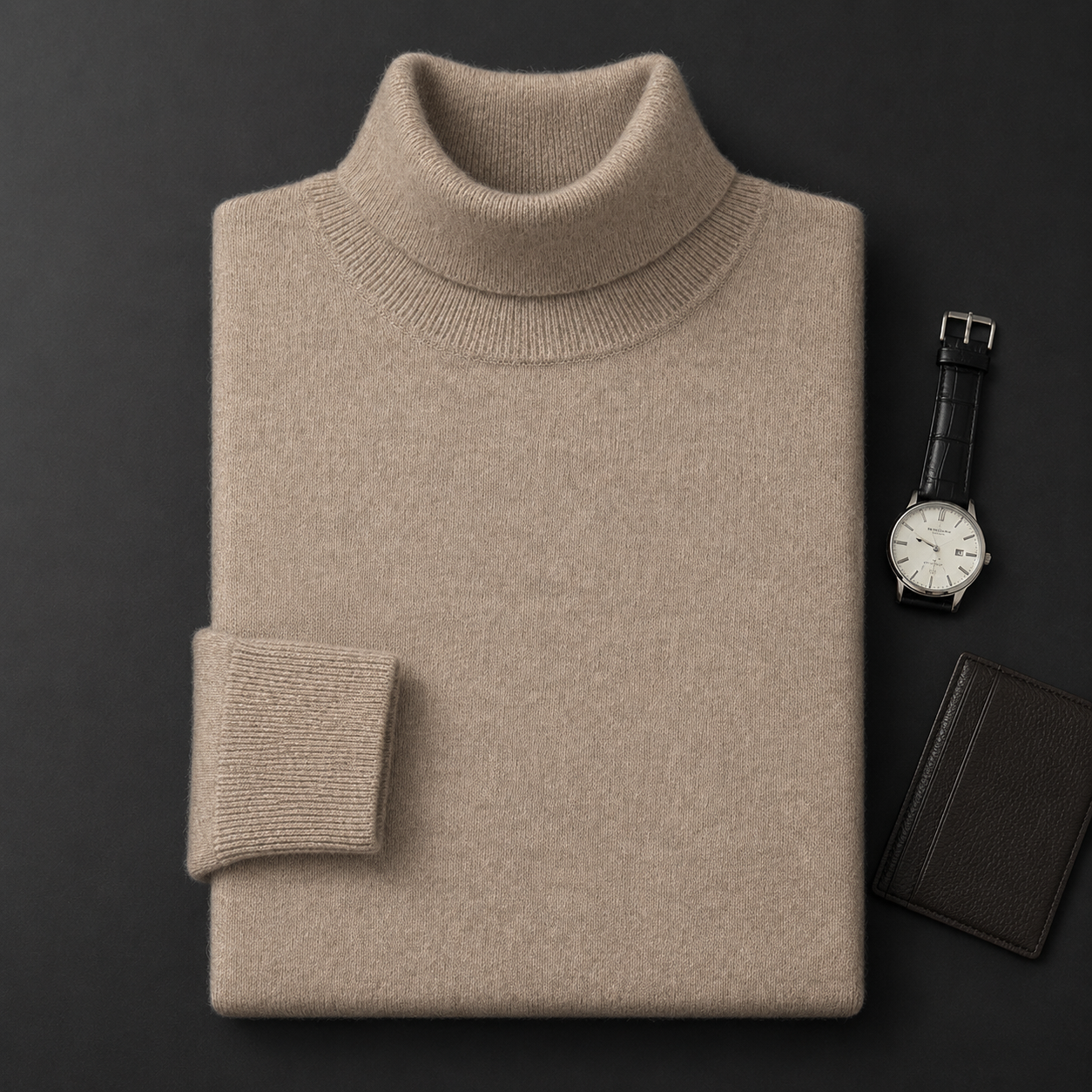 Charcoal Crew Neck Cashmere Sweater — Camel