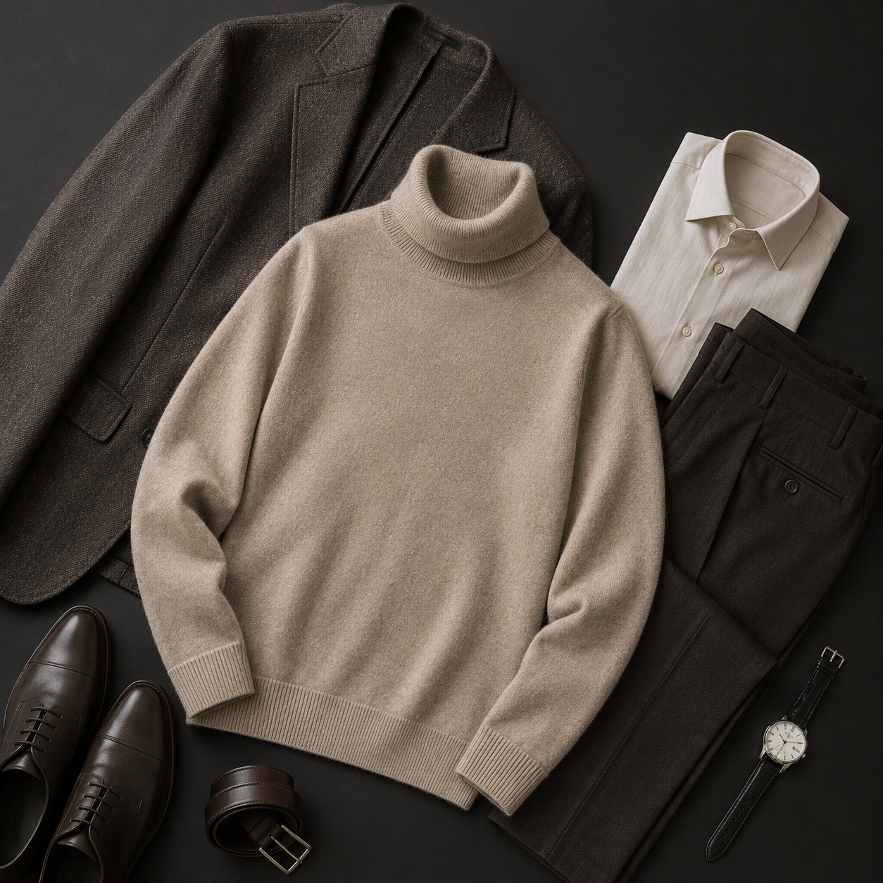 Charcoal Crew Neck Cashmere Sweater — Camel