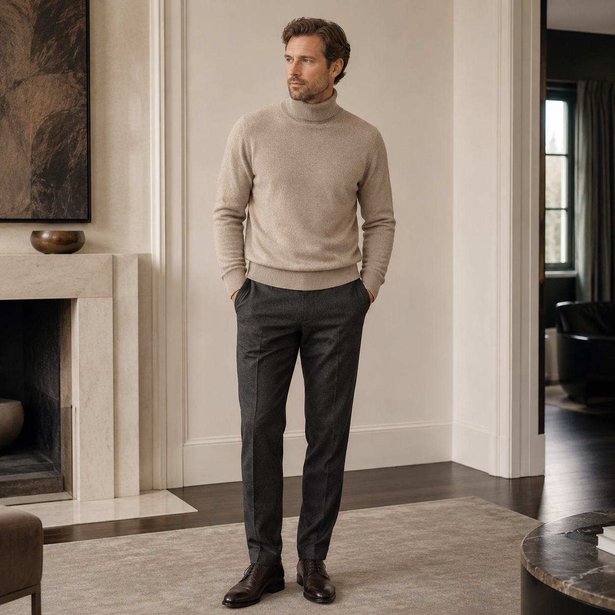 Charcoal Crew Neck Cashmere Sweater — Camel