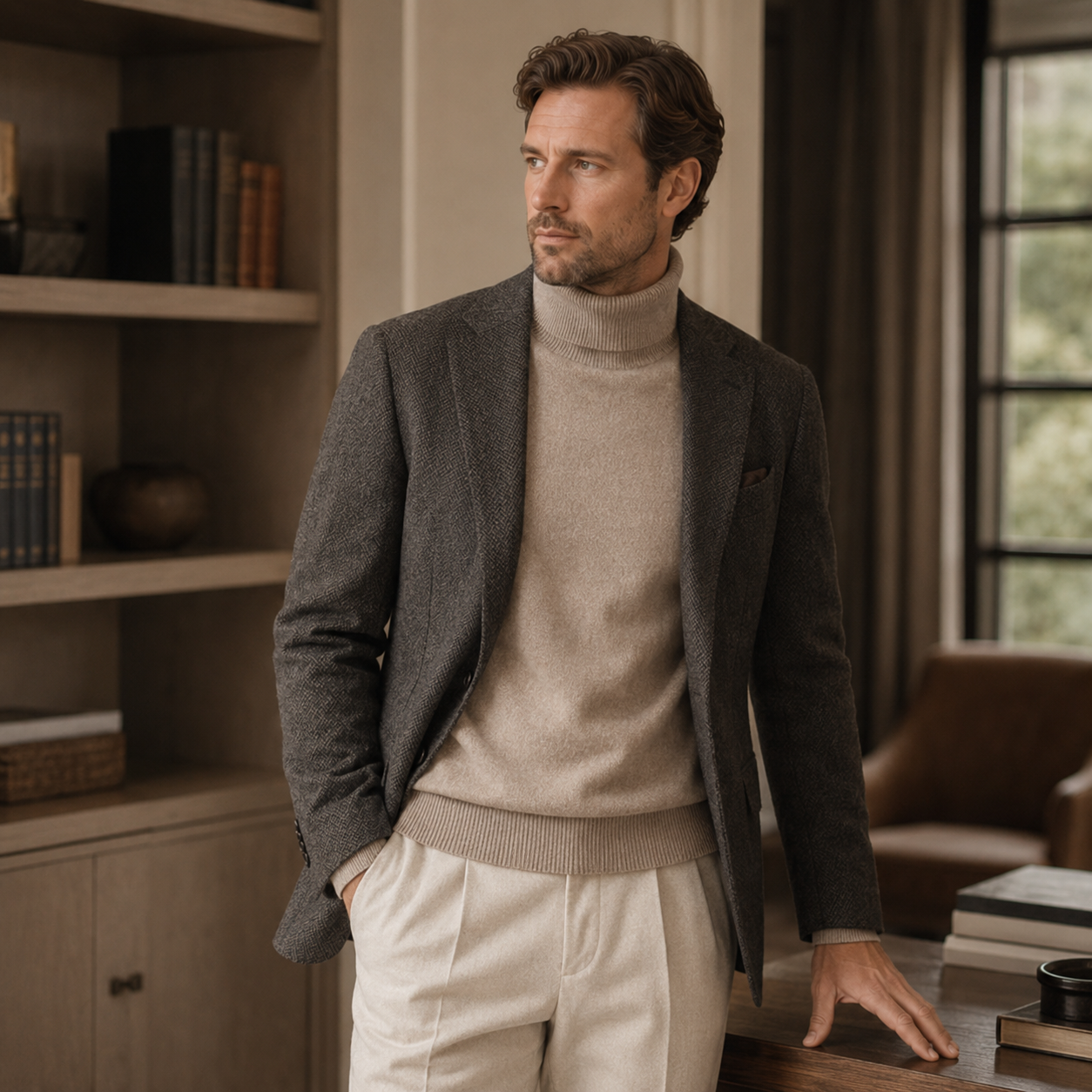 Charcoal Crew Neck Cashmere Sweater — Camel