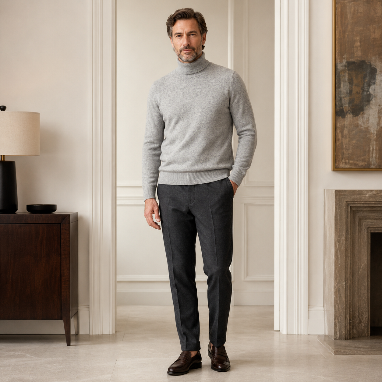Charcoal Crew Neck Cashmere Sweater — Light grey