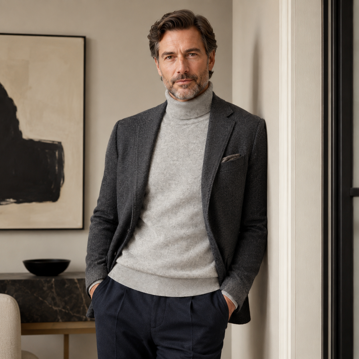 Charcoal Crew Neck Cashmere Sweater — Light grey