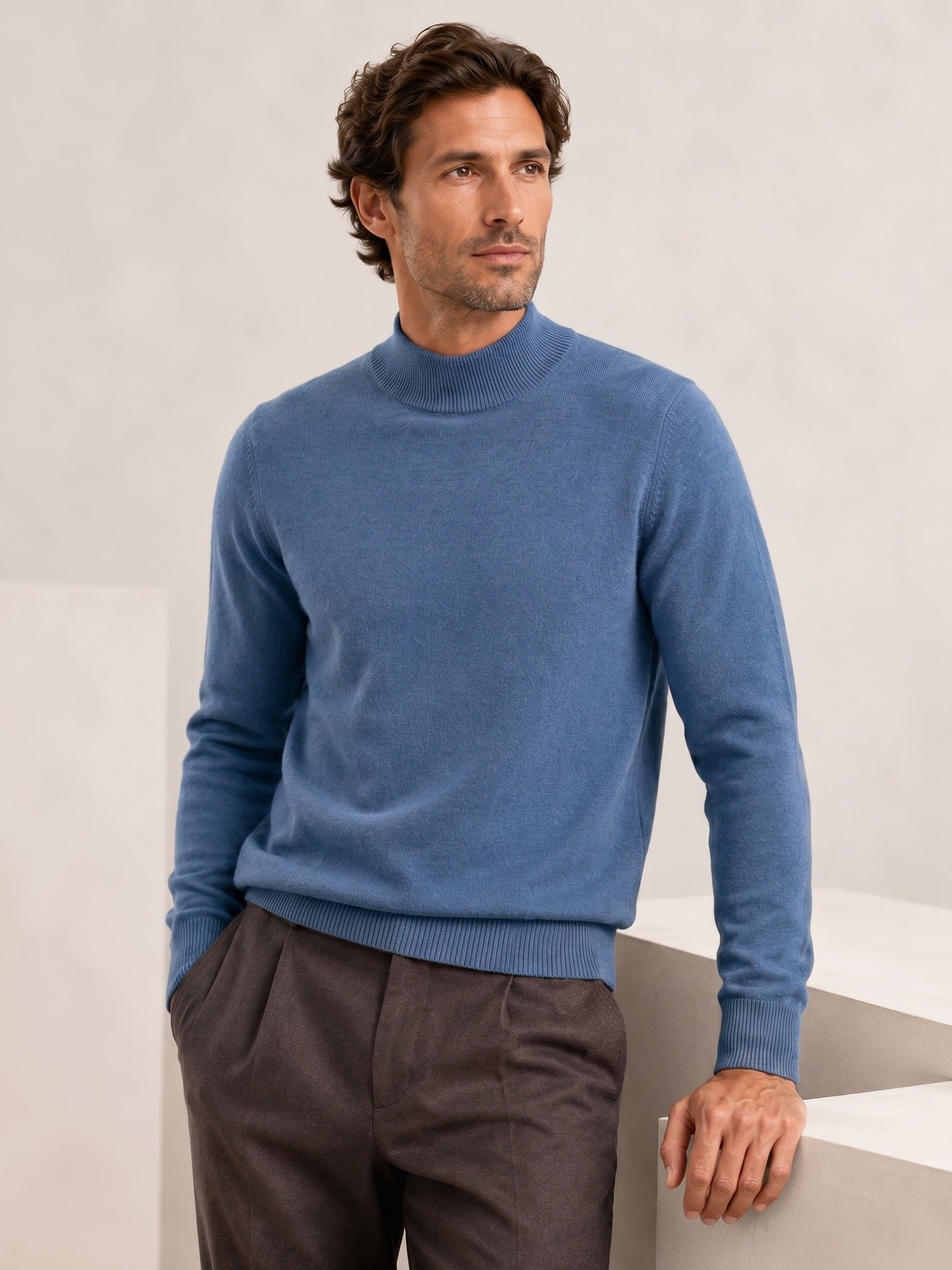 Mock Neck Cashmere Pullover Sweater — Blue