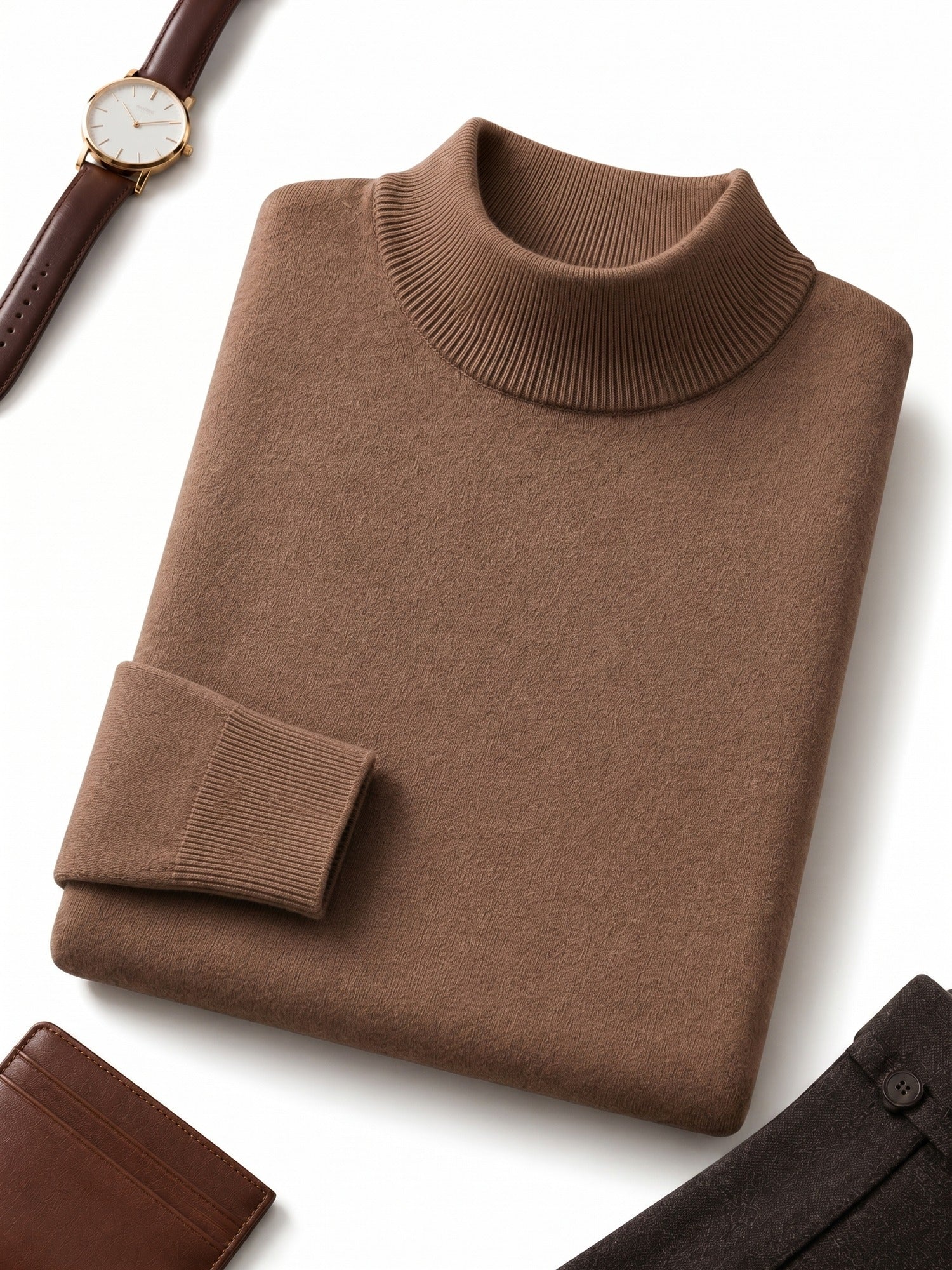 Mock Neck Cashmere Pullover Sweater — Brown