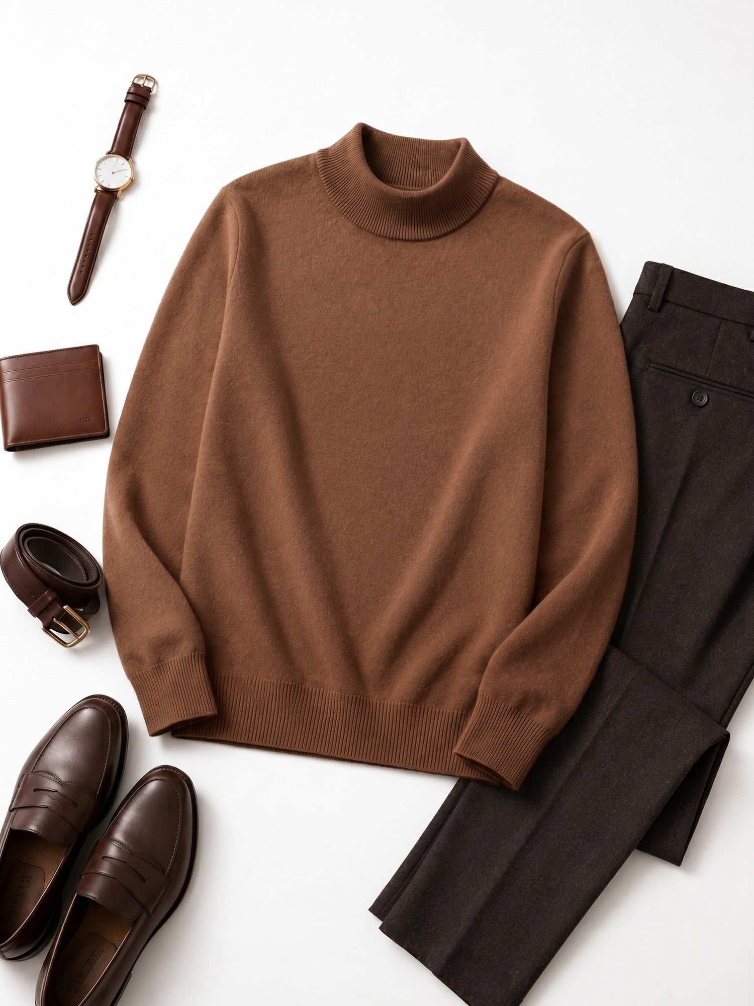 Mock Neck Cashmere Pullover Sweater — Brown