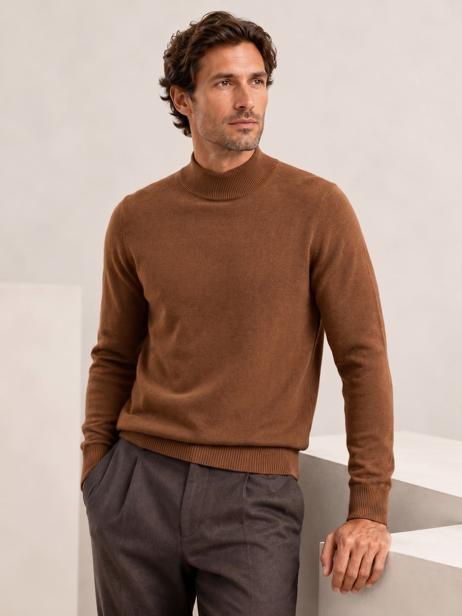 Mock Neck Cashmere Pullover Sweater — Brown