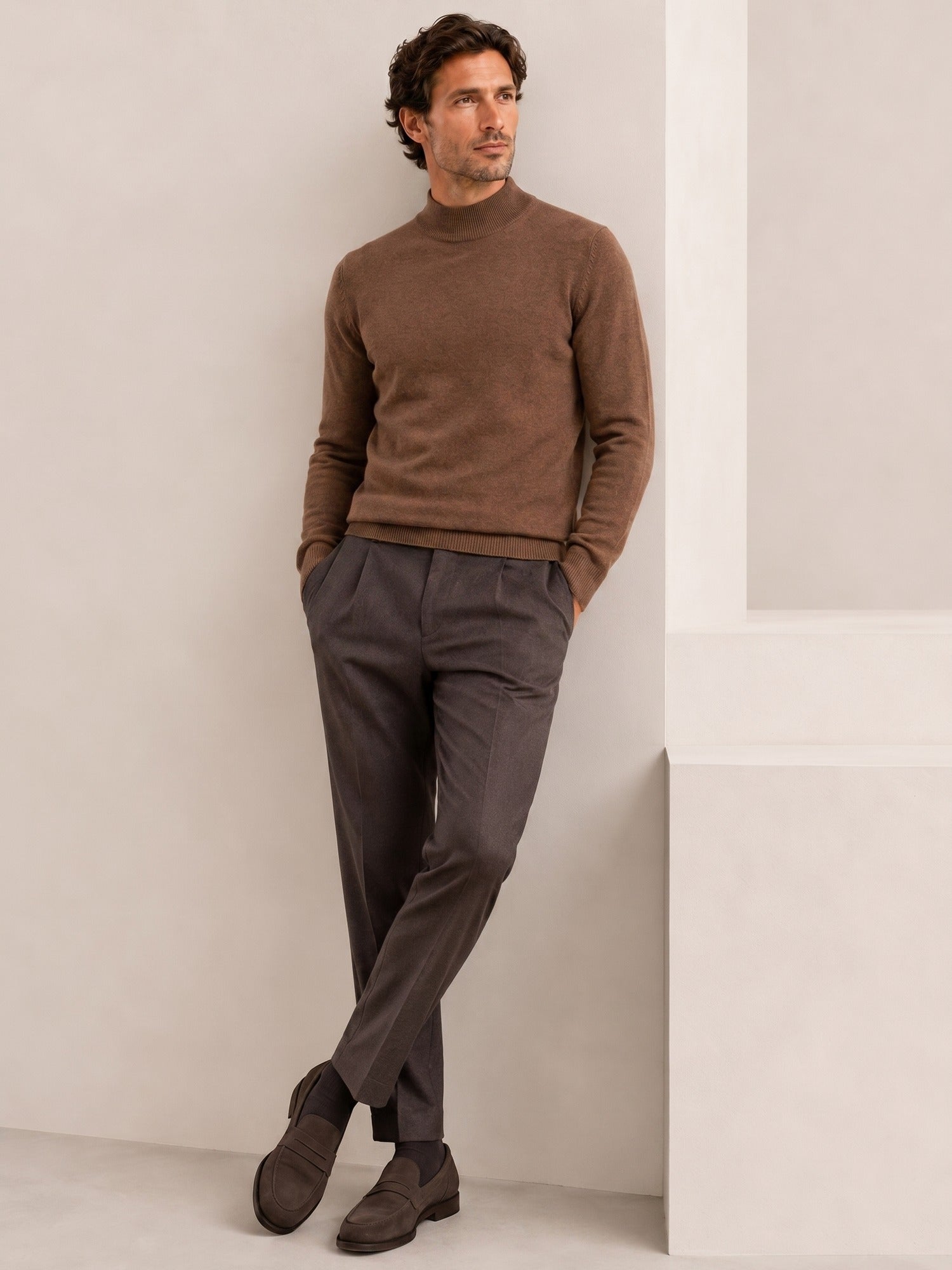 Mock Neck Cashmere Pullover Sweater — Brown