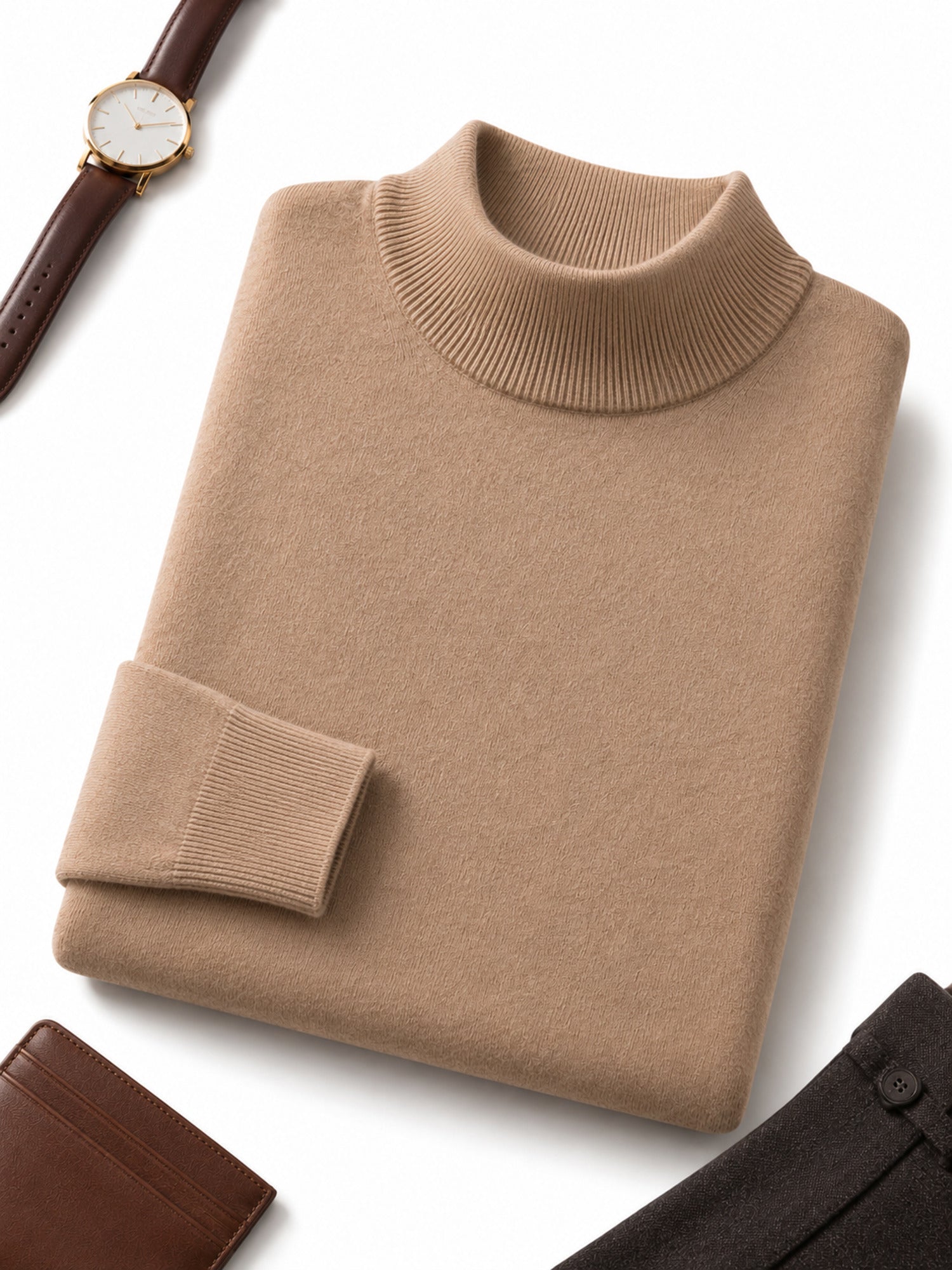 Mock Neck Cashmere Pullover Sweater — Camel