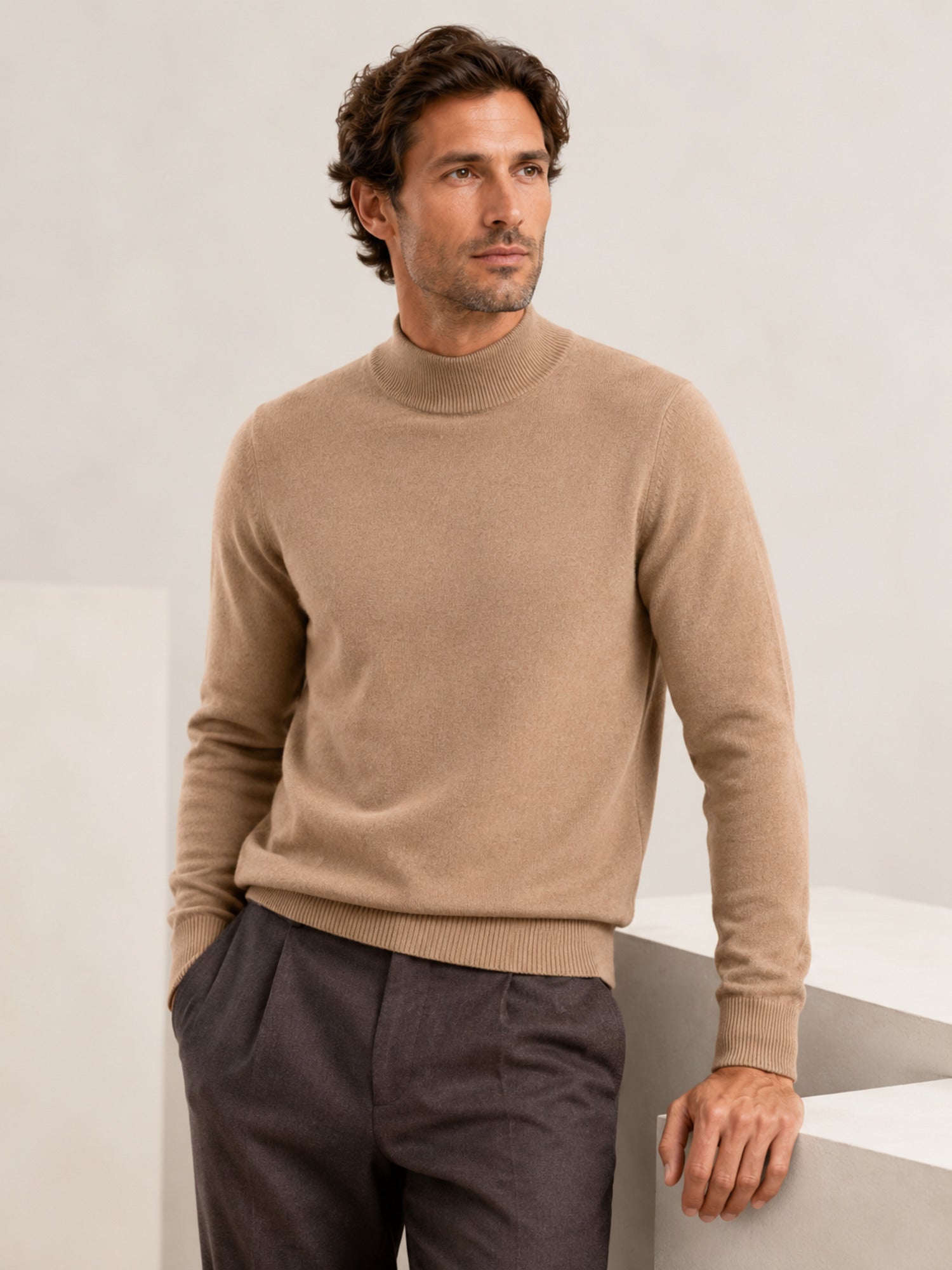 Mock Neck Cashmere Pullover Sweater — Camel