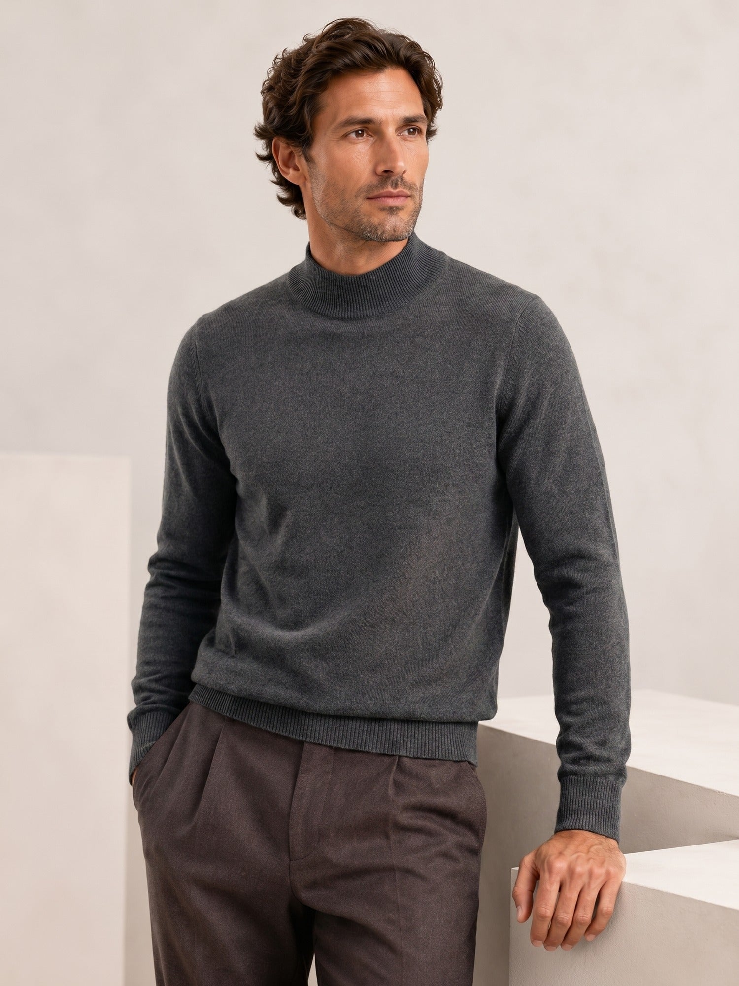 Mock Neck Cashmere Pullover Sweater — Dark grey