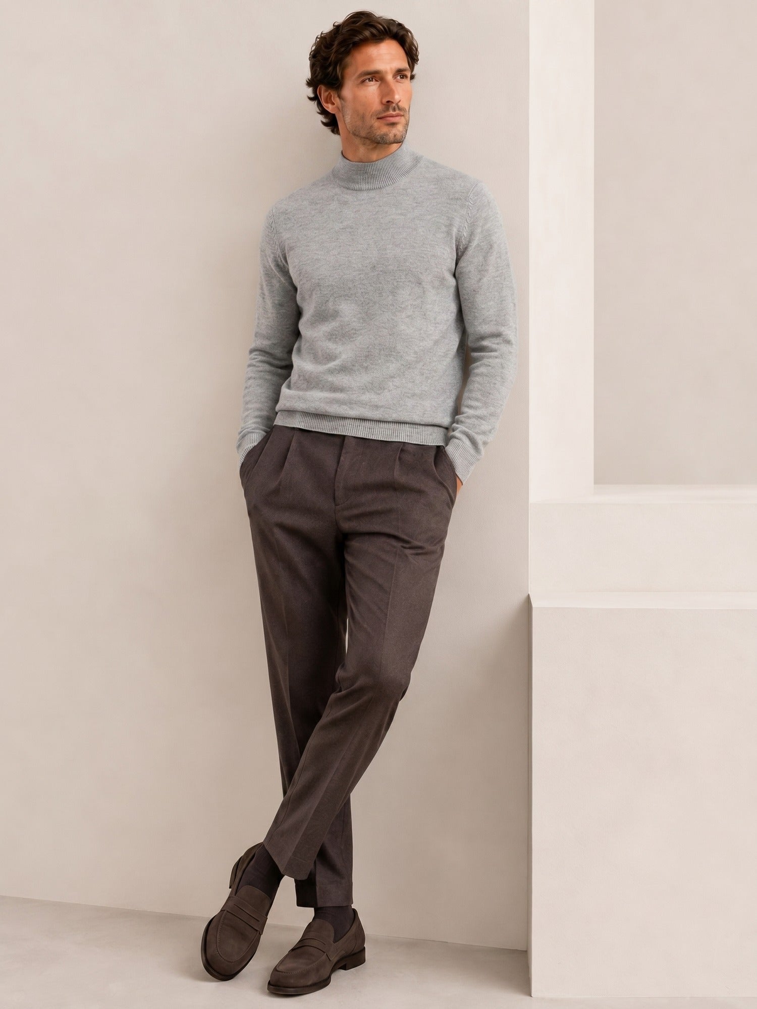 Mock Neck Cashmere Pullover Sweater — Light grey