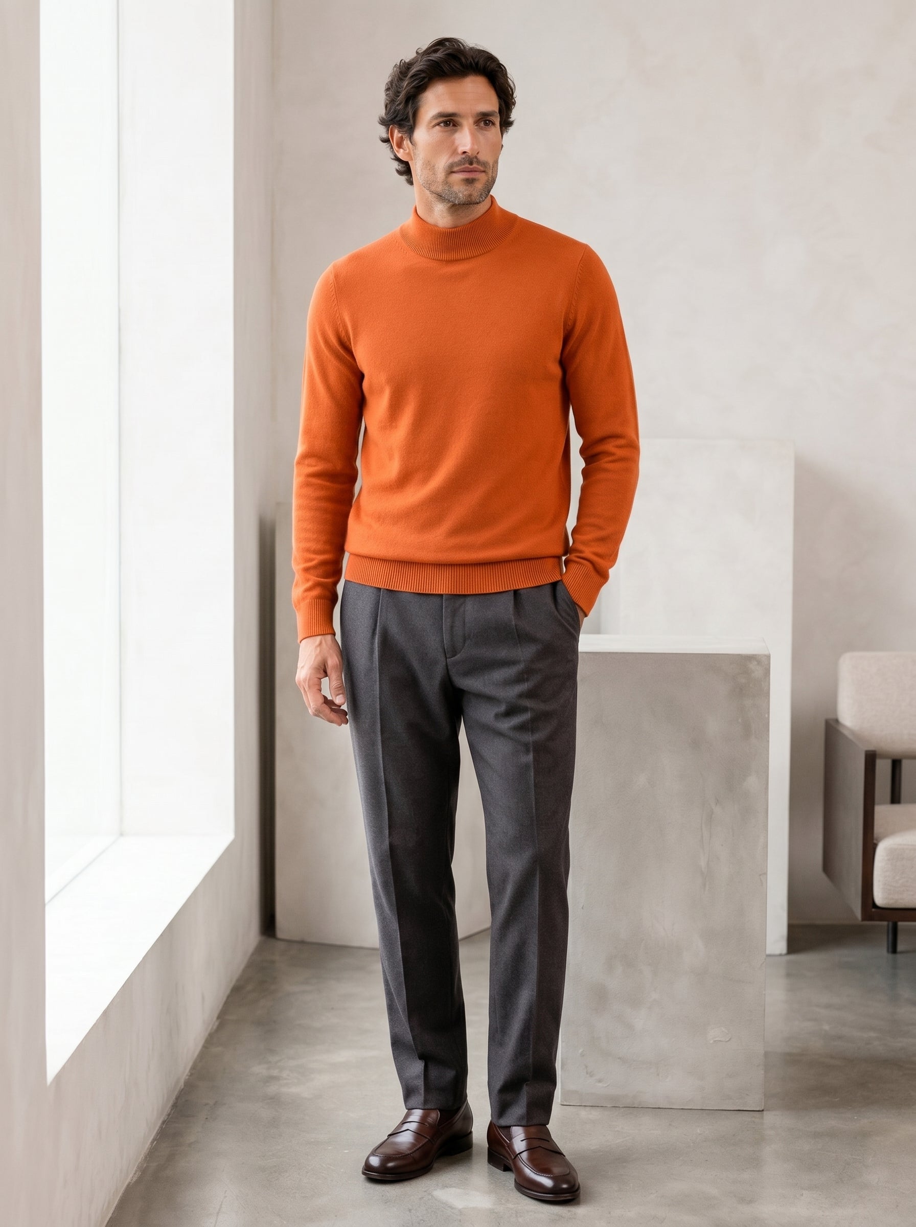 Mock Neck Cashmere Pullover Sweater — Orange