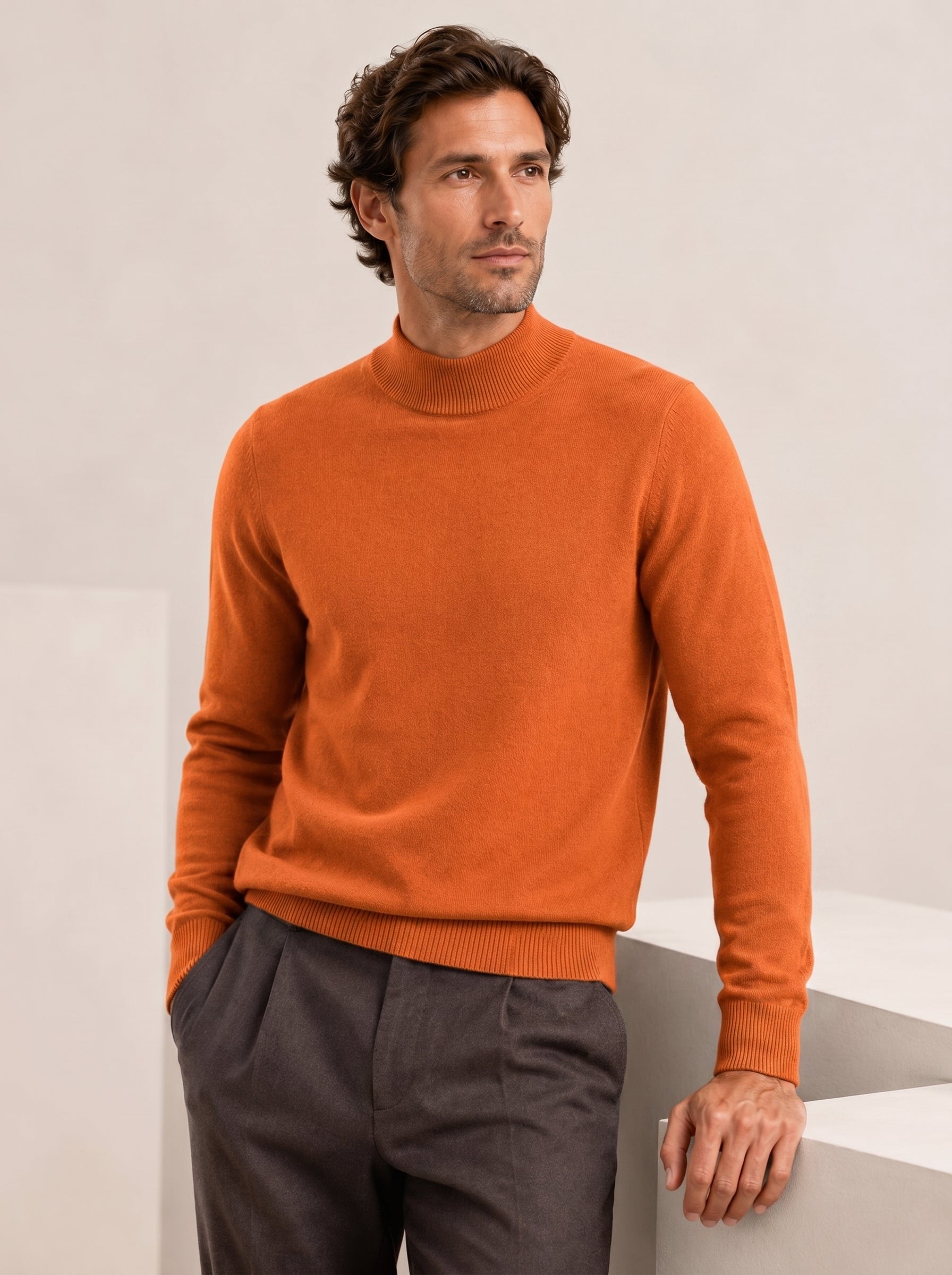 Mock Neck Cashmere Pullover Sweater — Orange