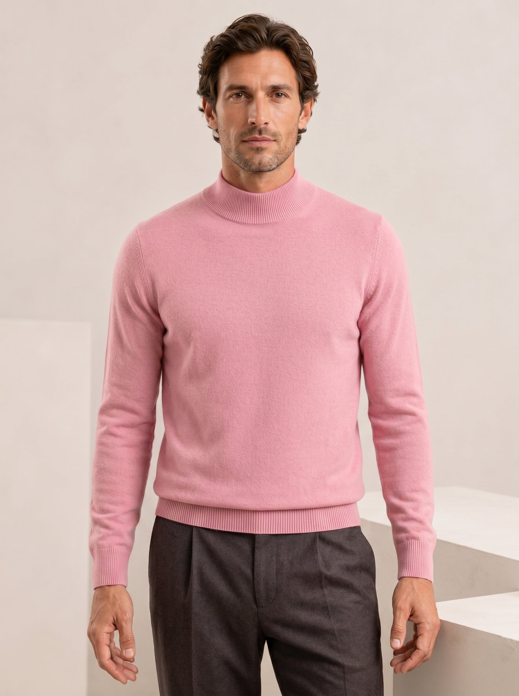 Mock Neck Cashmere Pullover Sweater — Pink