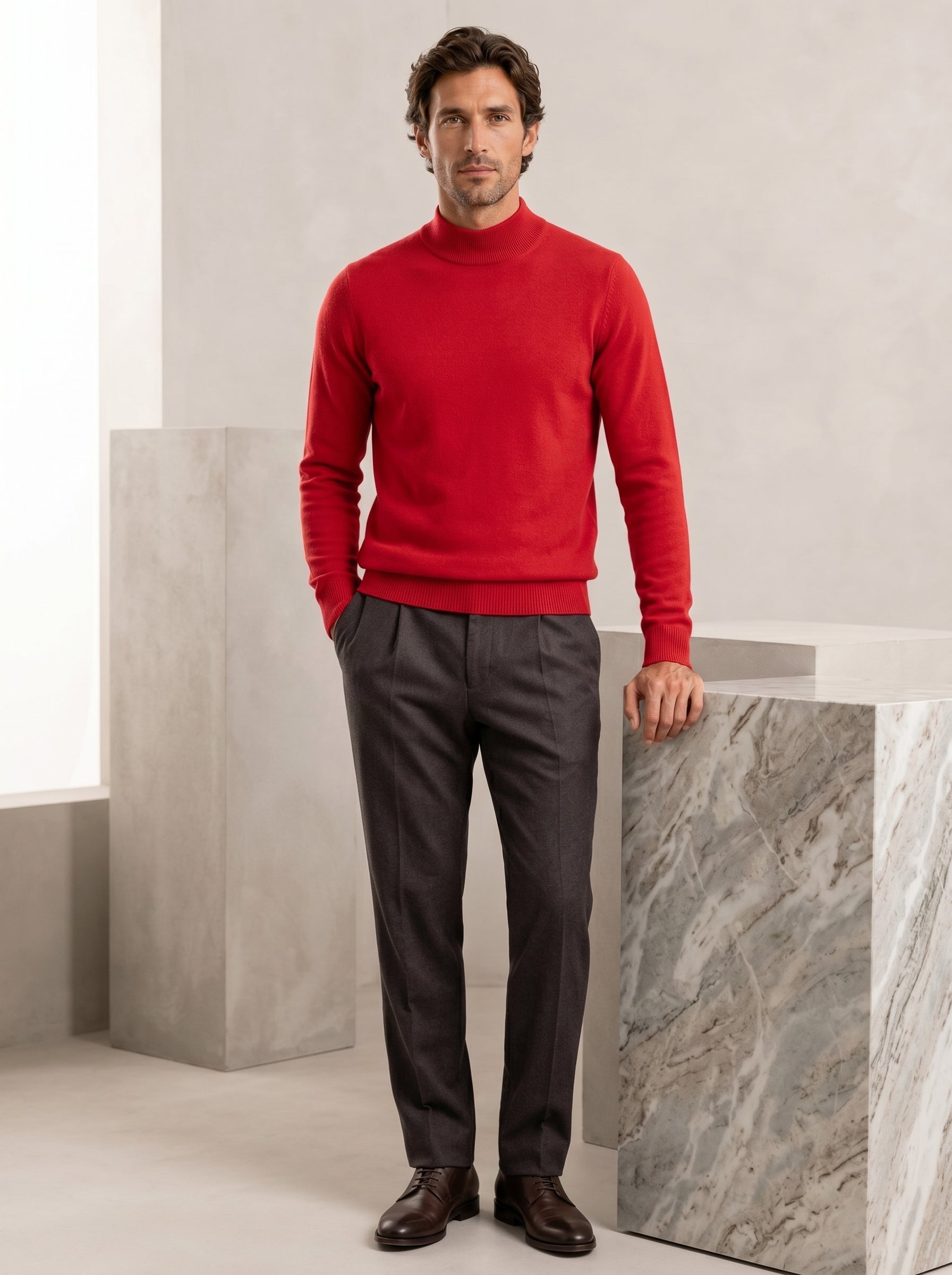 Mock Neck Cashmere Pullover Sweater — Red