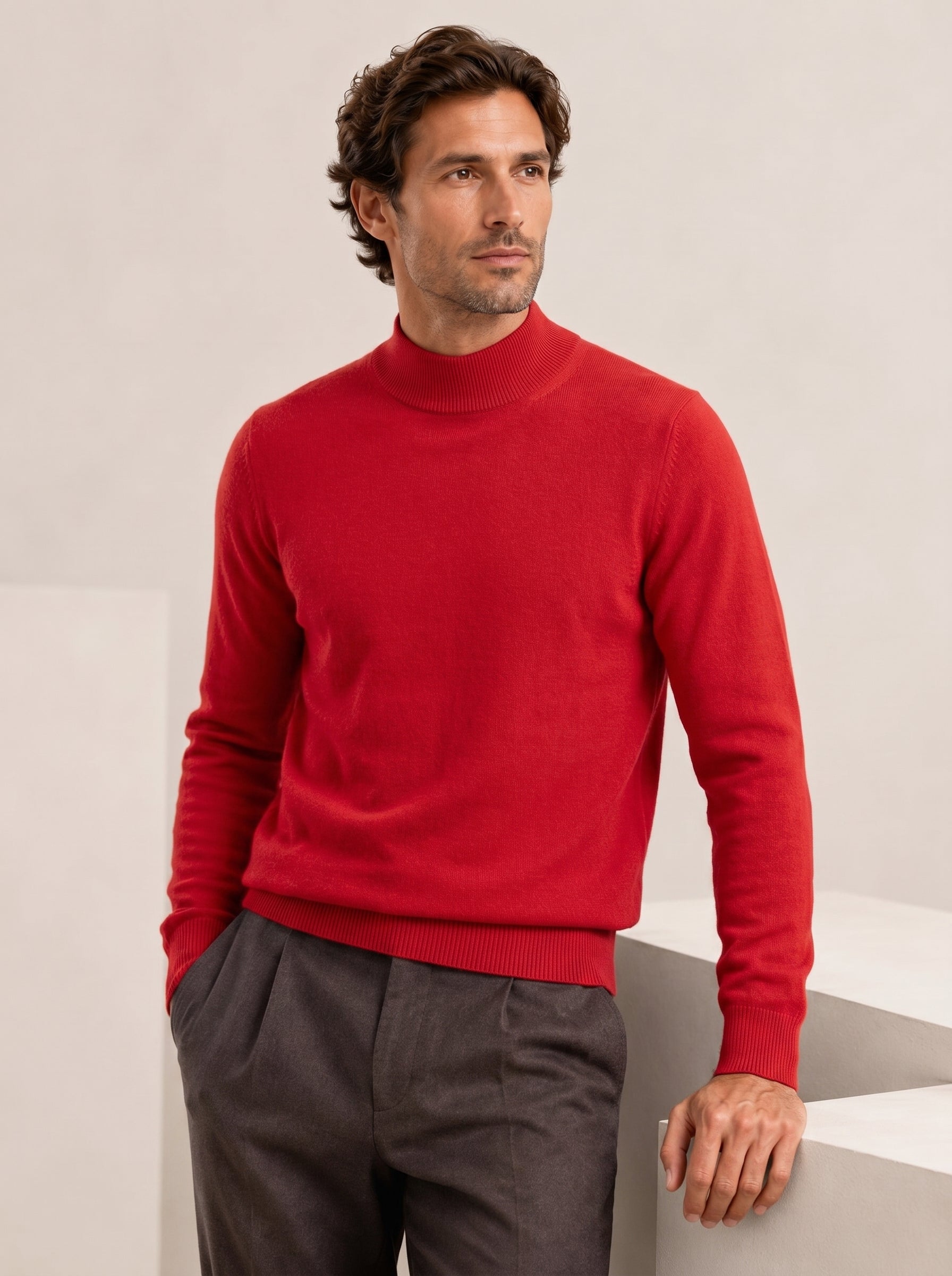 Mock Neck Cashmere Pullover Sweater — Red