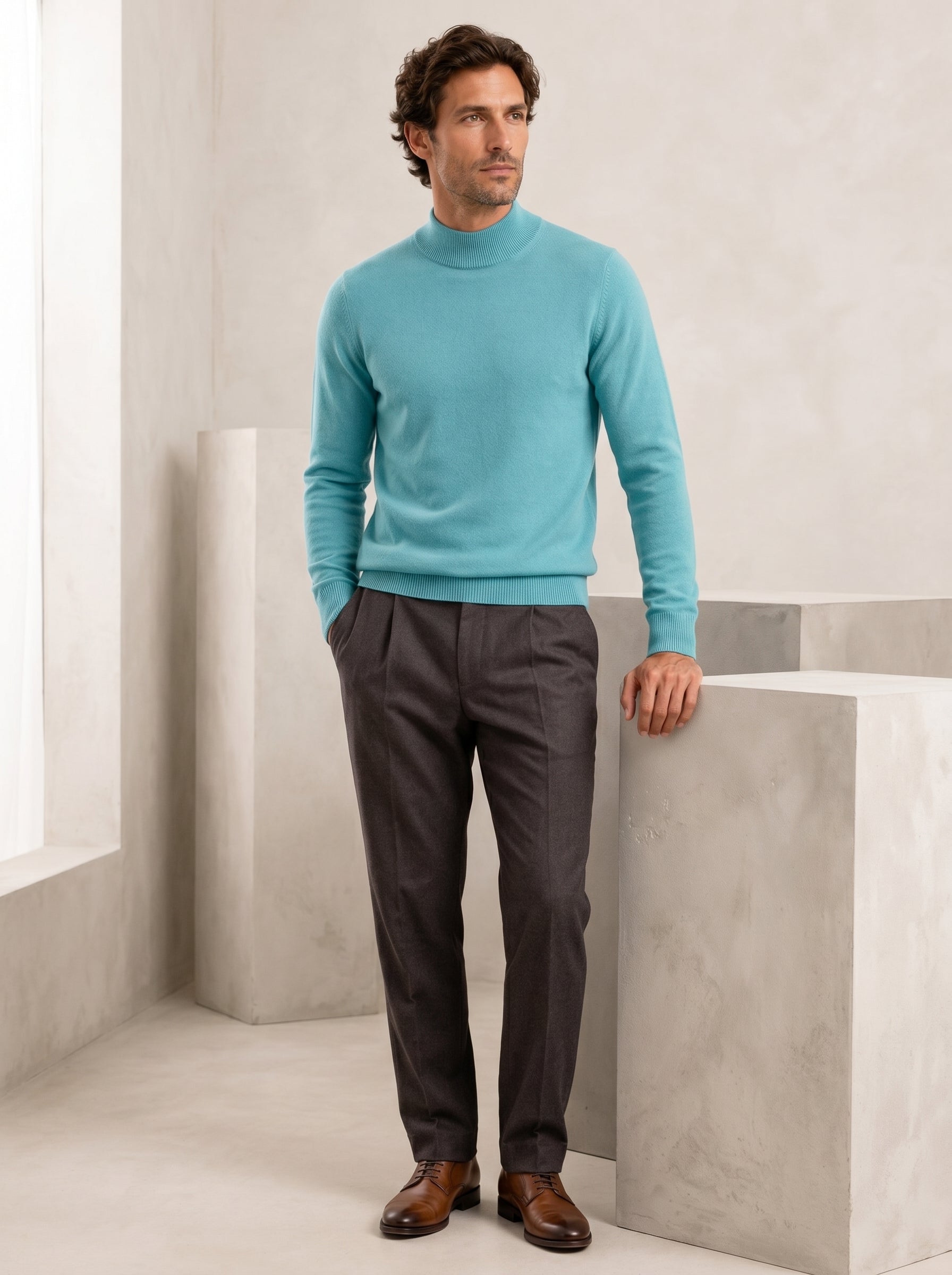 Mock Neck Cashmere Pullover Sweater — Turquoise