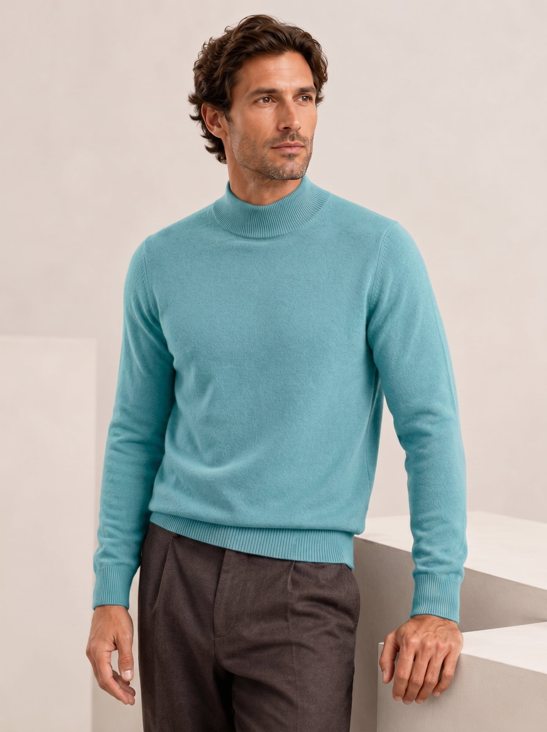 Mock Neck Cashmere Pullover Sweater — Turquoise