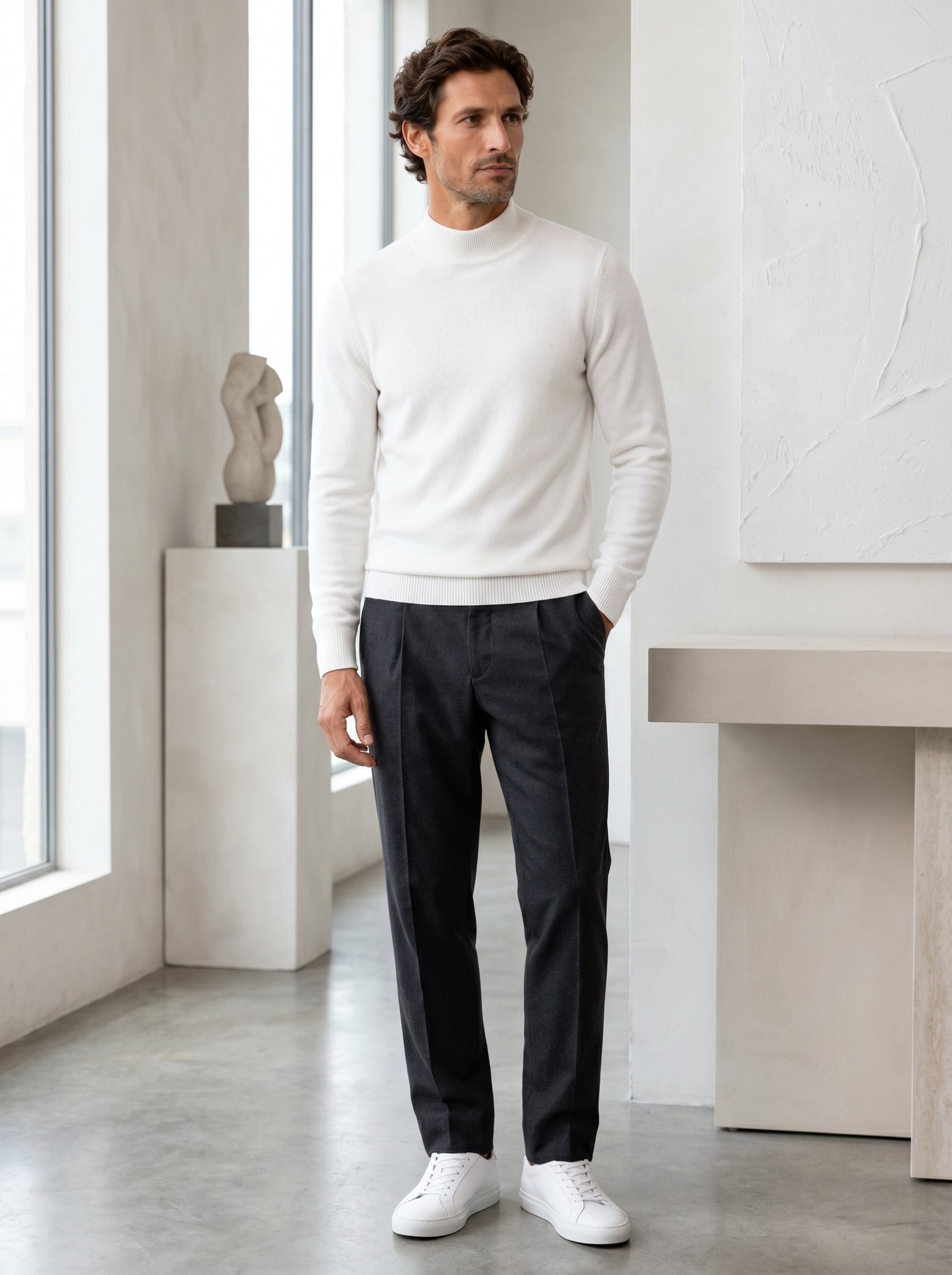 Mock Neck Cashmere Pullover Sweater — White