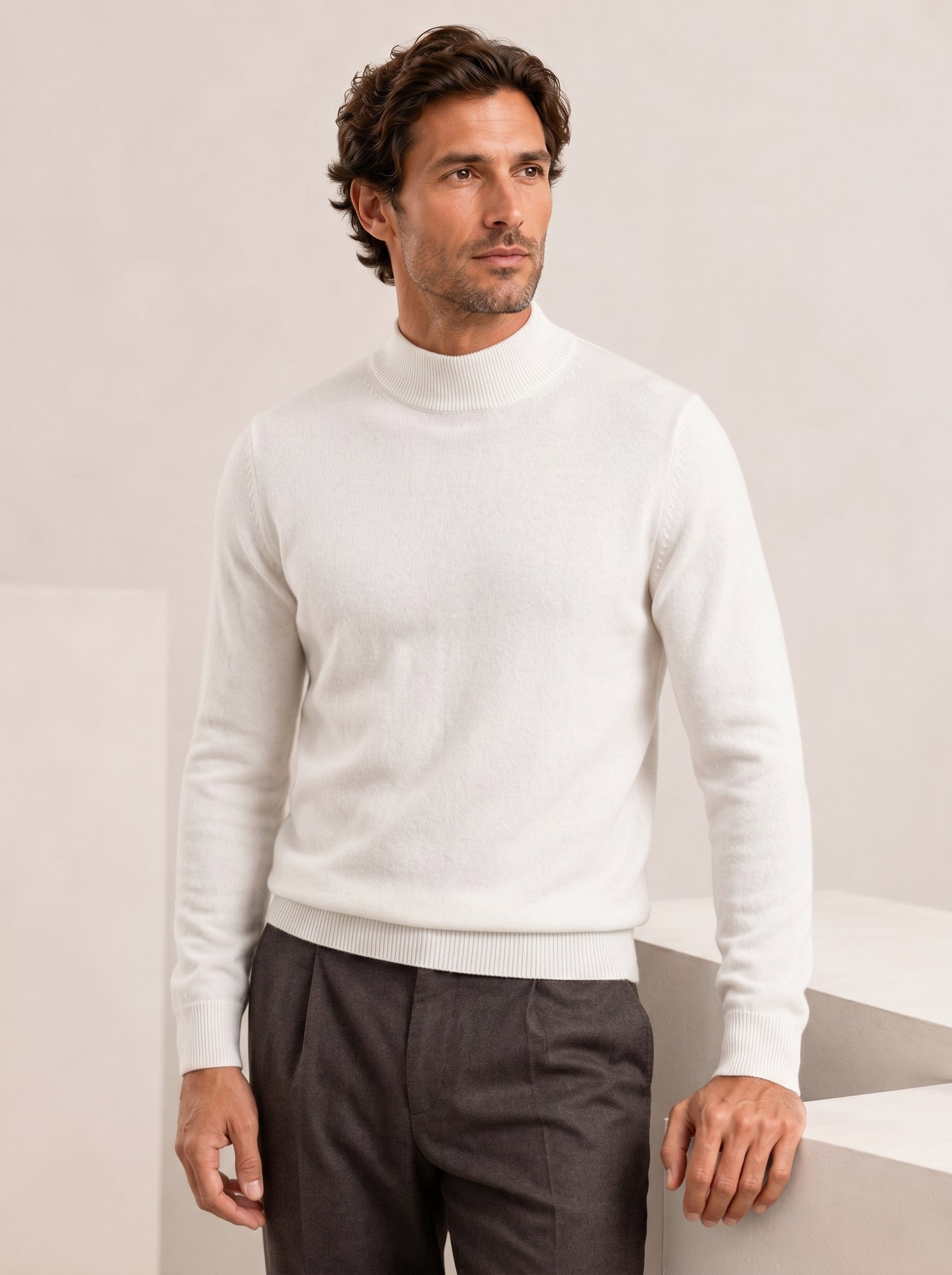 Mock Neck Cashmere Pullover Sweater — White