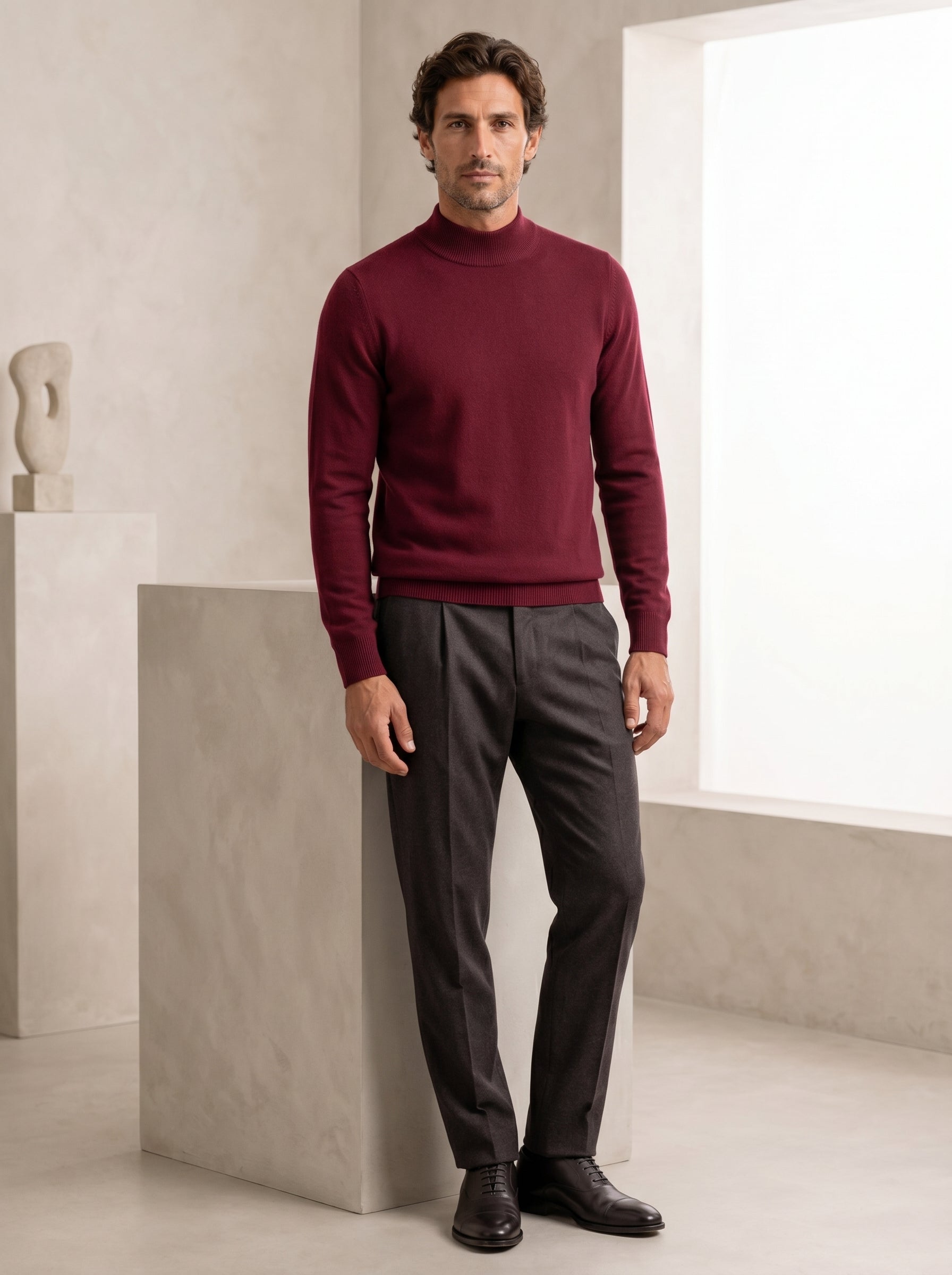 Mock Neck Cashmere Pullover Sweater — Wine red