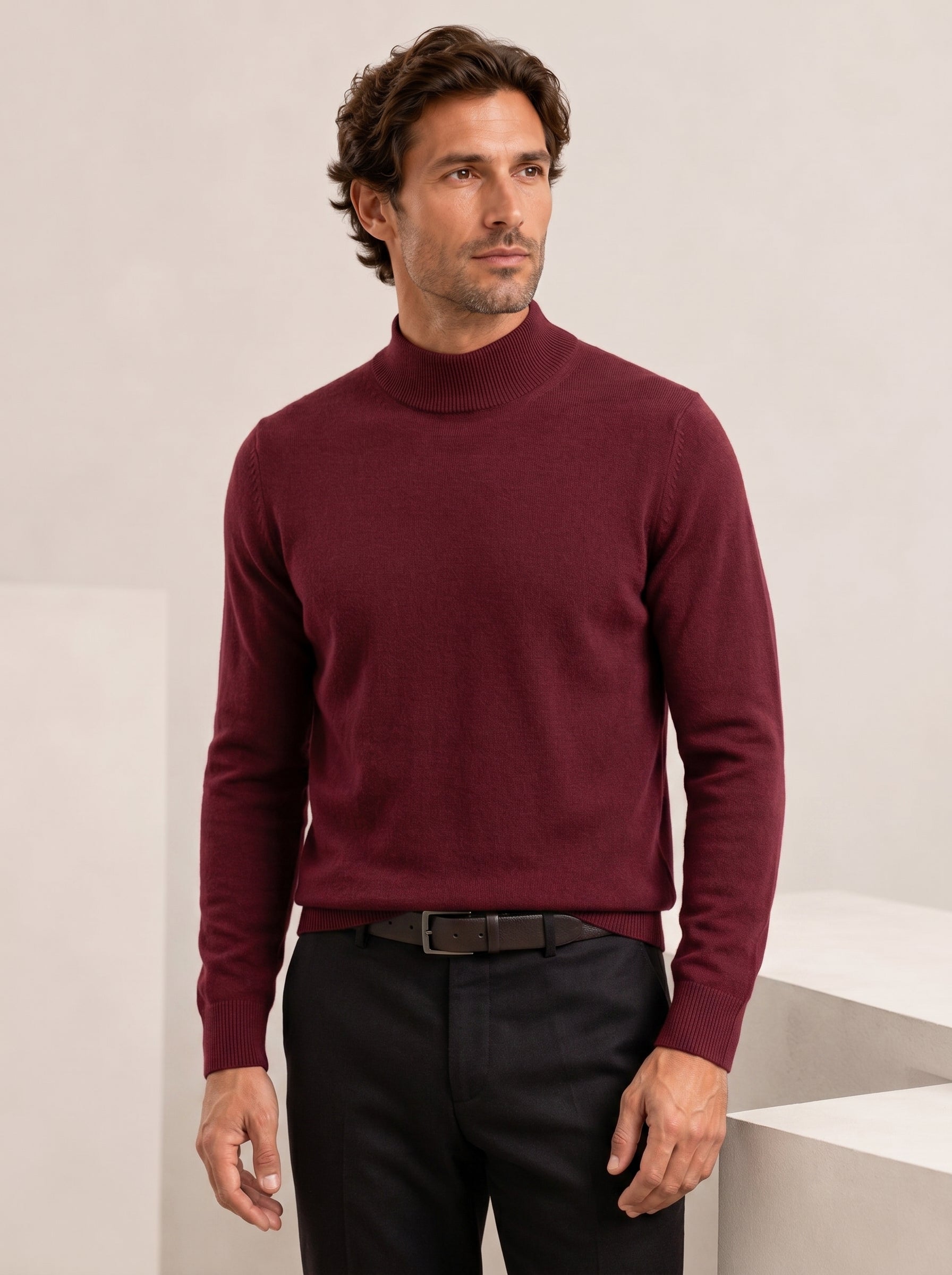 Mock Neck Cashmere Pullover Sweater — Wine red