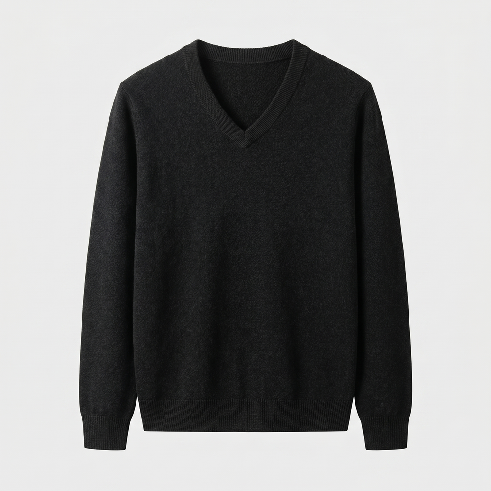 Solid V-Neck Cashmere Pullover Sweater — Black