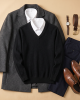 Solid V-Neck Cashmere Pullover Sweater — Black