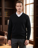 Solid V-Neck Cashmere Pullover Sweater — Black