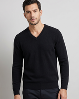 Solid V-Neck Cashmere Pullover Sweater — Black