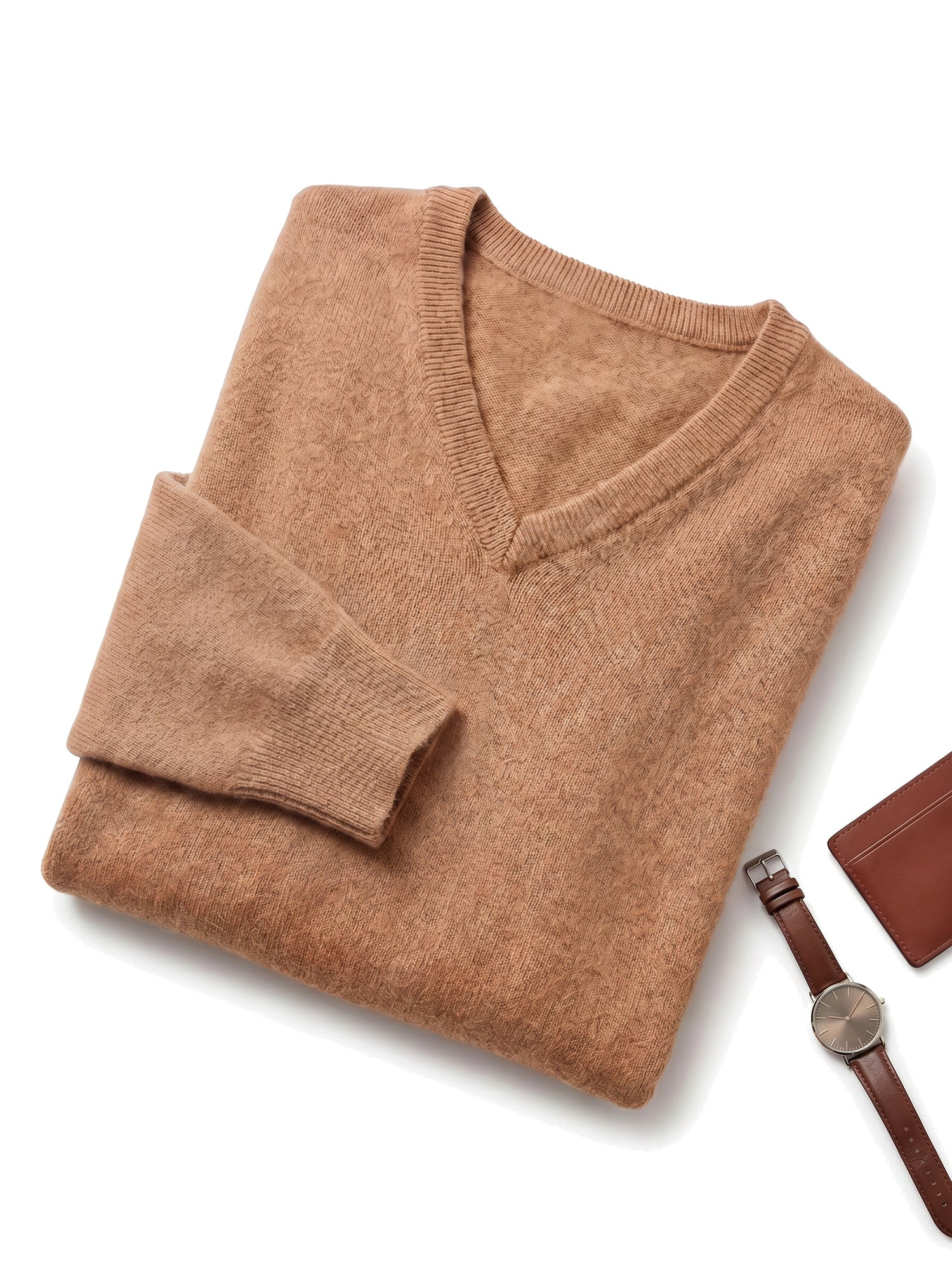 Solid V-Neck Cashmere Pullover Sweater — Camel