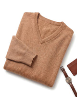 Solid V-Neck Cashmere Pullover Sweater — Camel