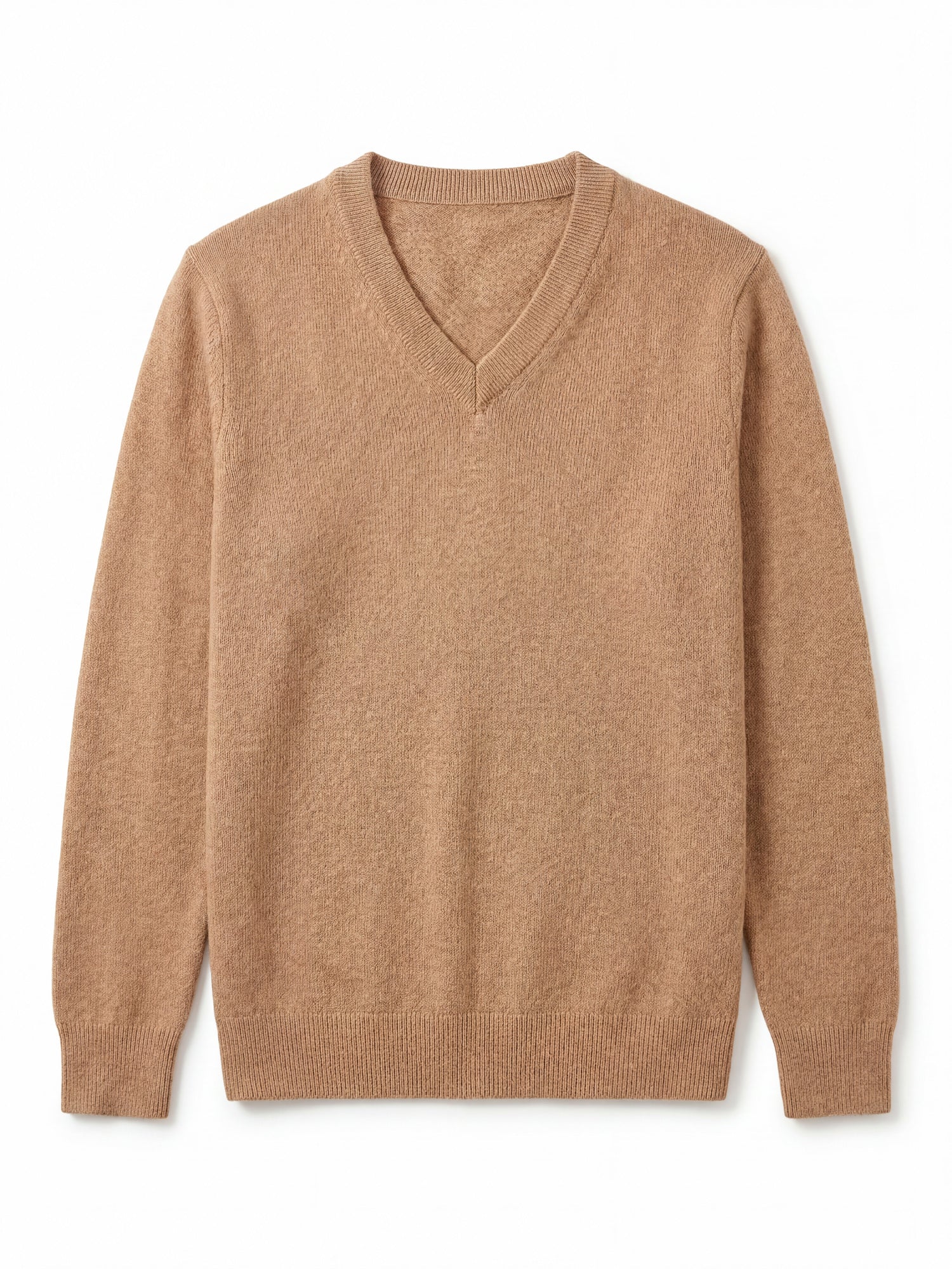 Solid V-Neck Cashmere Pullover Sweater — Camel