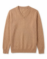 Solid V-Neck Cashmere Pullover Sweater — Camel