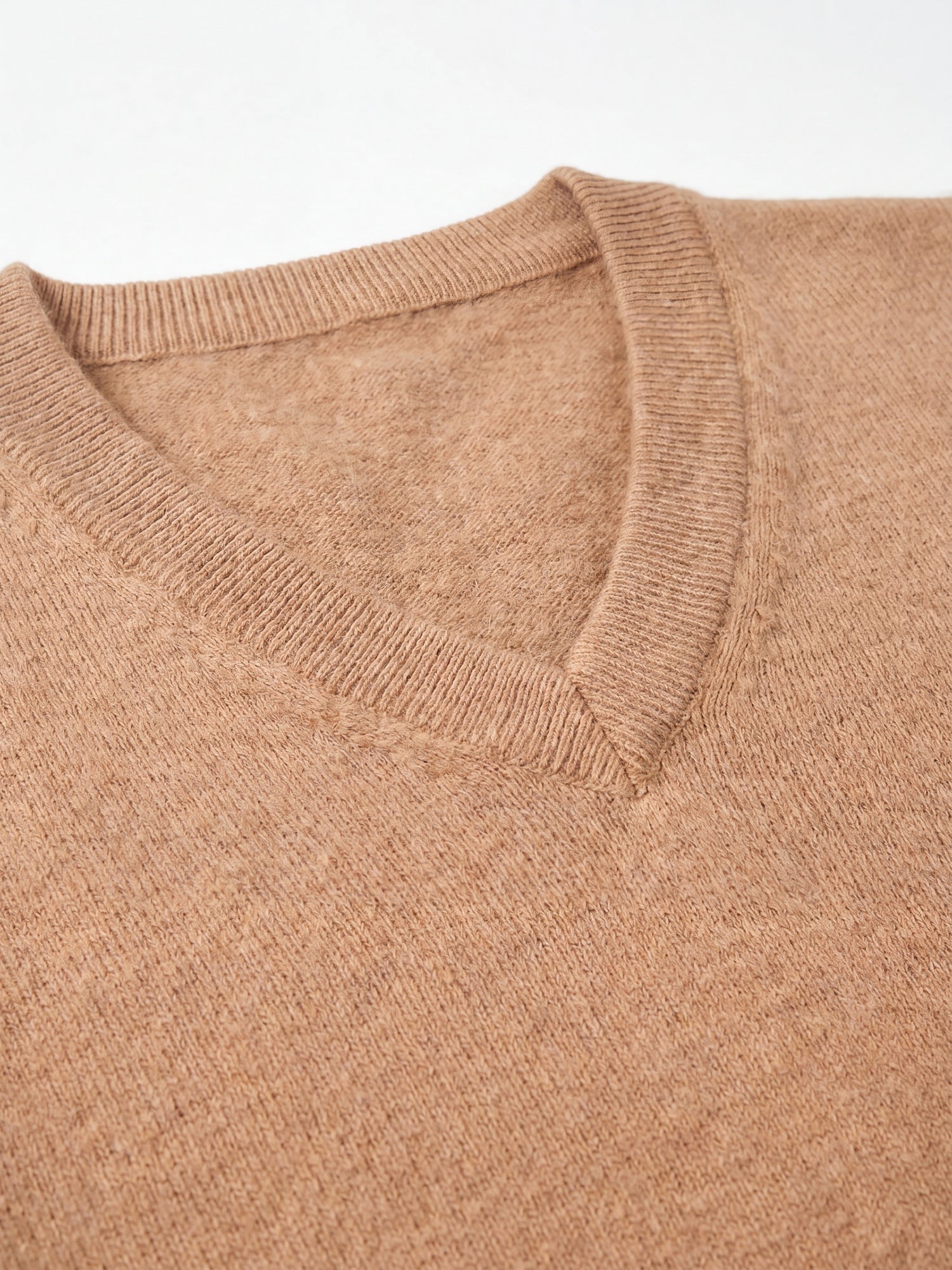 Solid V-Neck Cashmere Pullover Sweater — Camel