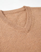 Solid V-Neck Cashmere Pullover Sweater — Camel