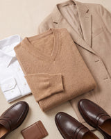 Solid V-Neck Cashmere Pullover Sweater — Camel