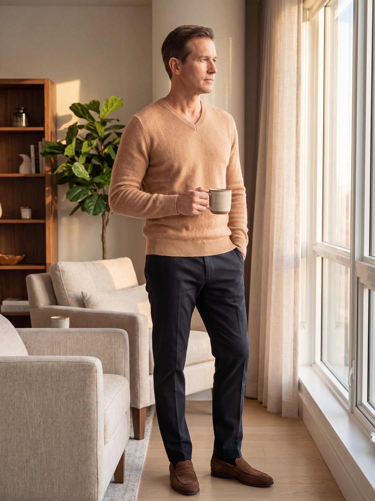 Solid V-Neck Cashmere Pullover Sweater — Camel