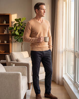 Solid V-Neck Cashmere Pullover Sweater — Camel