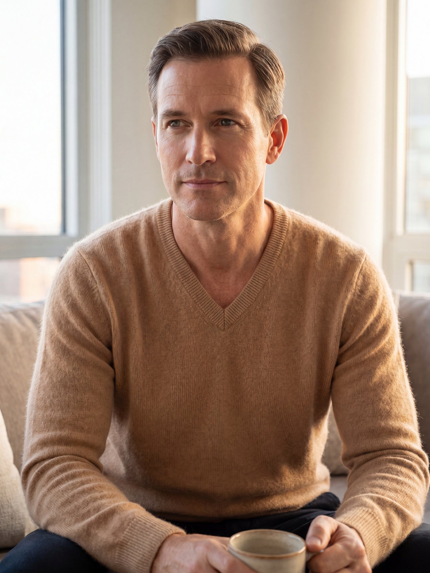 Solid V-Neck Cashmere Pullover Sweater — Camel
