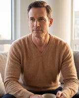 Solid V-Neck Cashmere Pullover Sweater — Camel