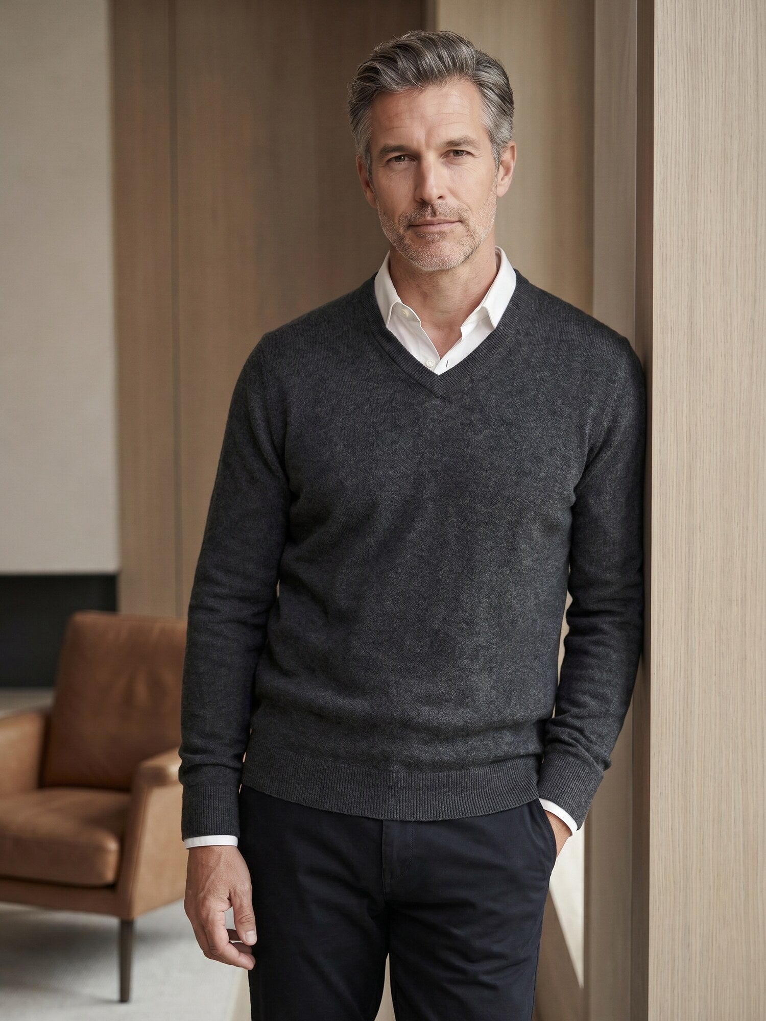 Solid V-Neck Cashmere Pullover Sweater — Dark grey
