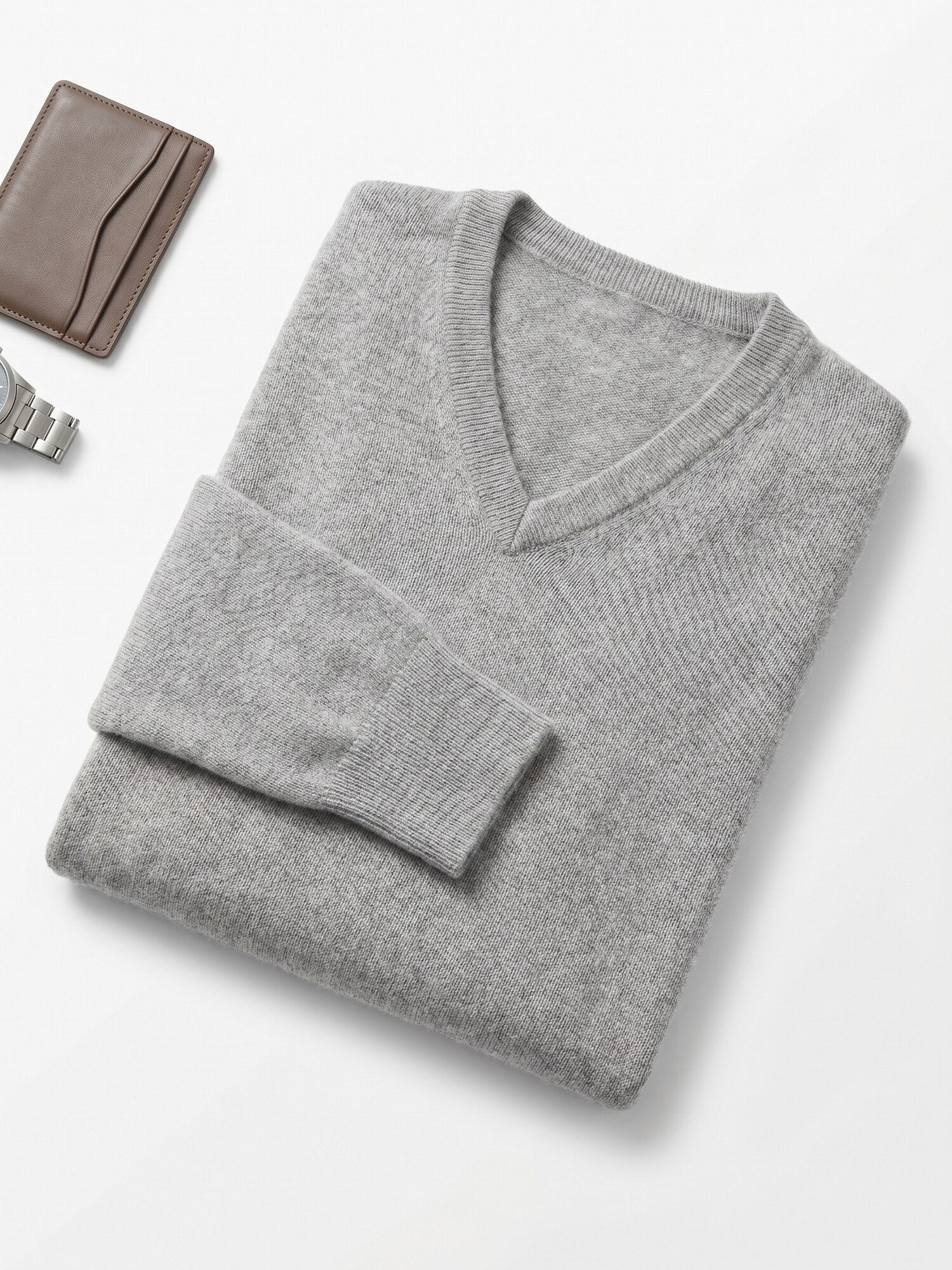 Solid V-Neck Cashmere Pullover Sweater — Light grey