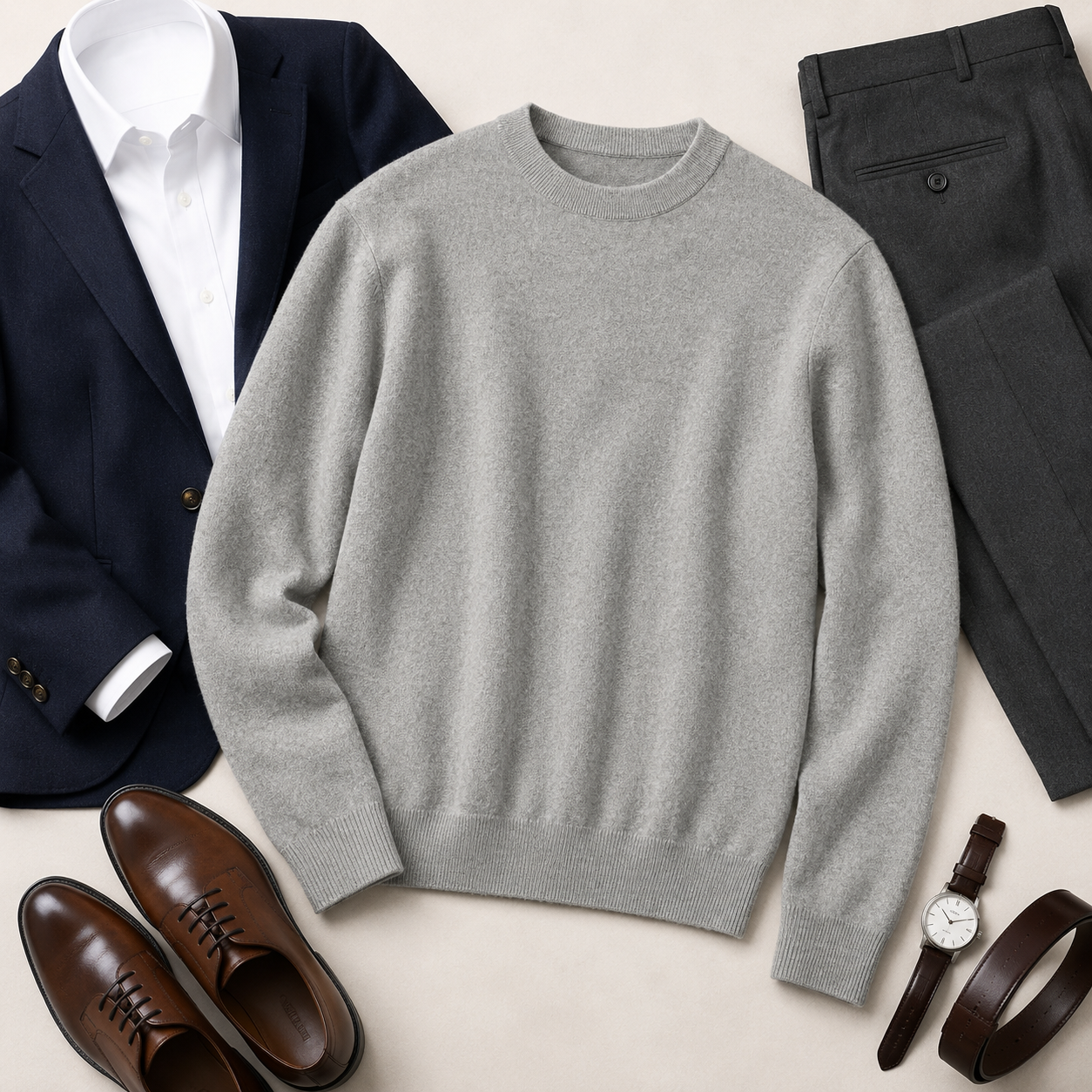 Essential Crew Neck Cashmere Sweater — Light grey